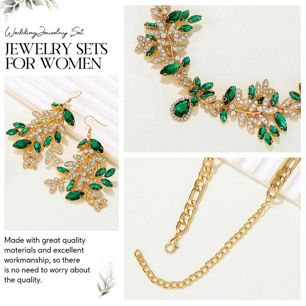 Unicra Bridal Wedding Jewelry Set - Gold Green Crystal Necklace & Earrings Set with Rhinestones, Elegant Formal Costume Jewelry for Women, Brides & Mothers Day Gifts | Perfect for Weddings, Prom, Evening Parties & Special Occasions