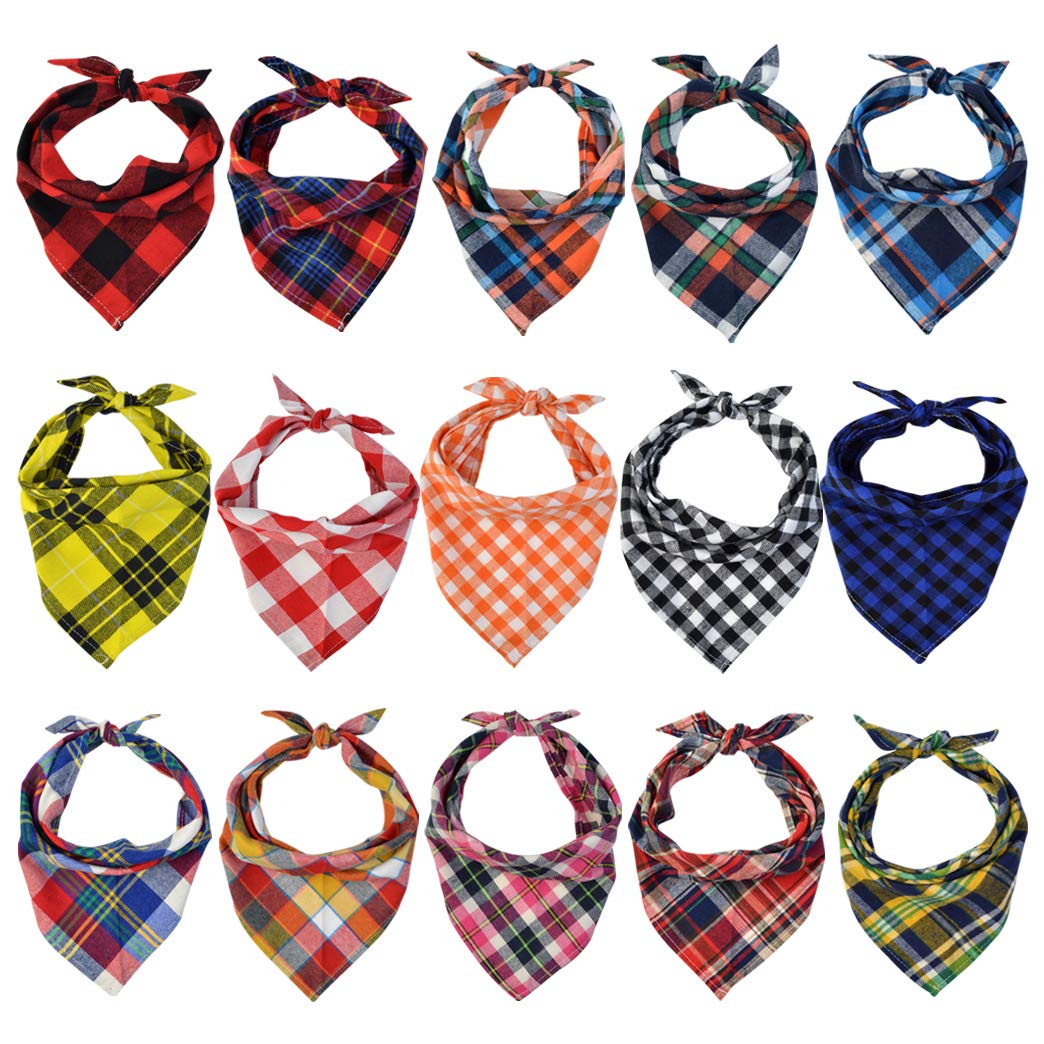 Lee-buty 15pcs Washable Cotton Checkered Dog Bandanas Set - Pet Scarf Kerchief & Bibs for Small Dogs & Cats | Perfect for Outdoor Fall Adventures, Birthday Parties & Photo Shoots