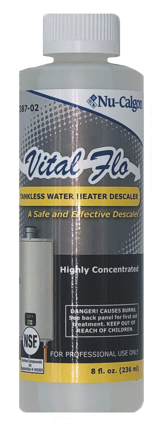 NU-CALGON 4387-02 Vital-Flo Tankless Water Heater Descaler - 8 oz Descaling Solution for Efficient Water Heater Maintenance | Removes Limescale & Mineral Buildup | Ideal for Home, RV & Commercial Tankless Systems