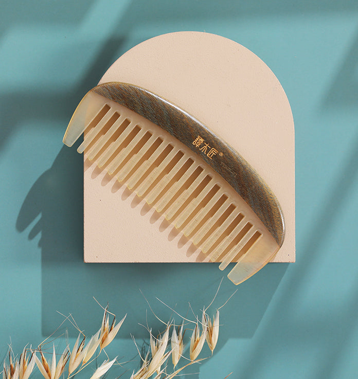 Natural Sheep Horn & Wooden Hair Comb for Women & Men - Handmade Detangling Styling Comb for Daily Hair Care & Grooming - Perfect for Home, Travel & Salon Use