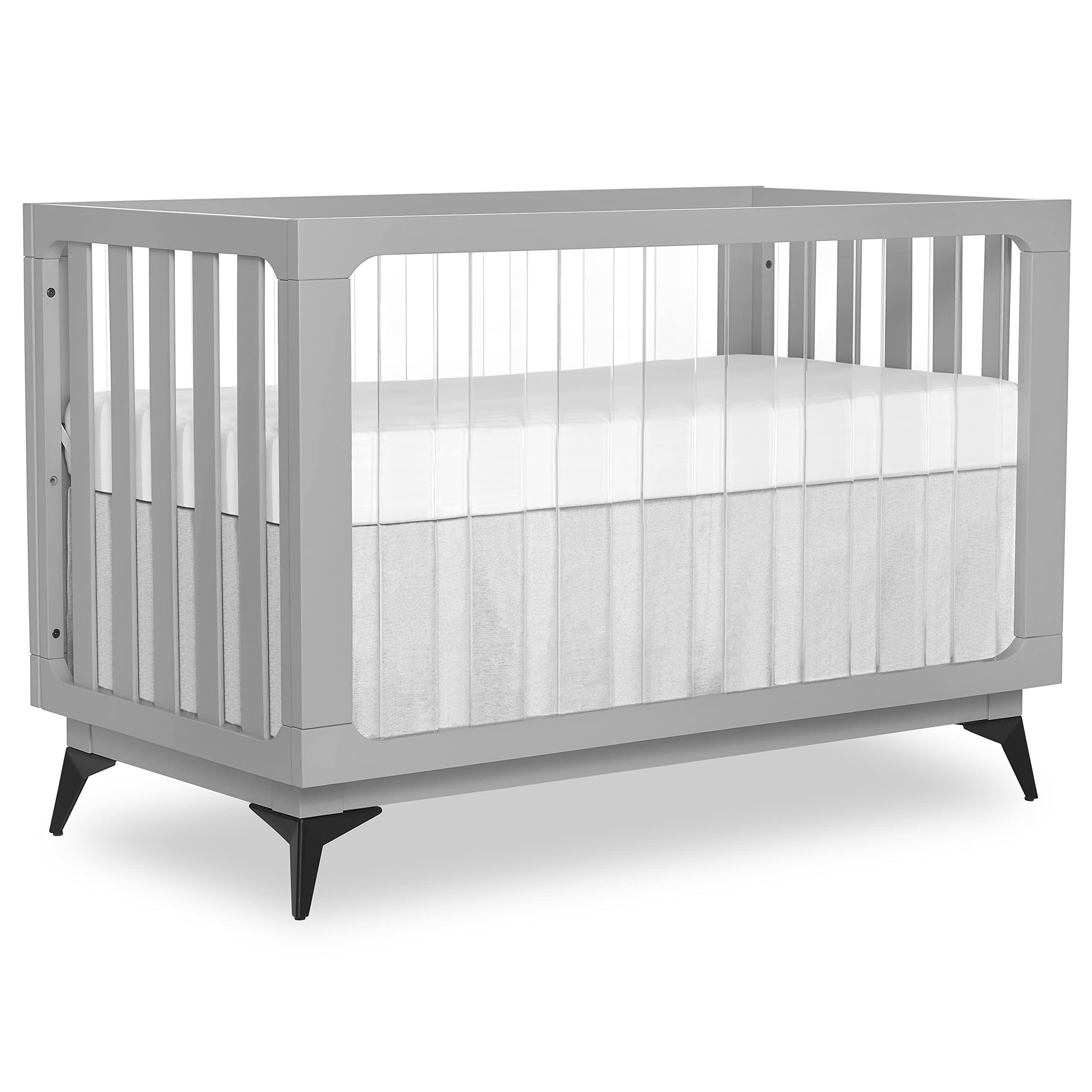 Evolur Acrylic Millennium 4-in-1 Convertible Baby Crib - Modern Full Size Nursery Bed Converts to Toddler Bed & Daybed - Adjustable Mattress Support with Acrylic Slats in Pebble Grey - Perfect for Nursery, Bedroom & Daycare Use