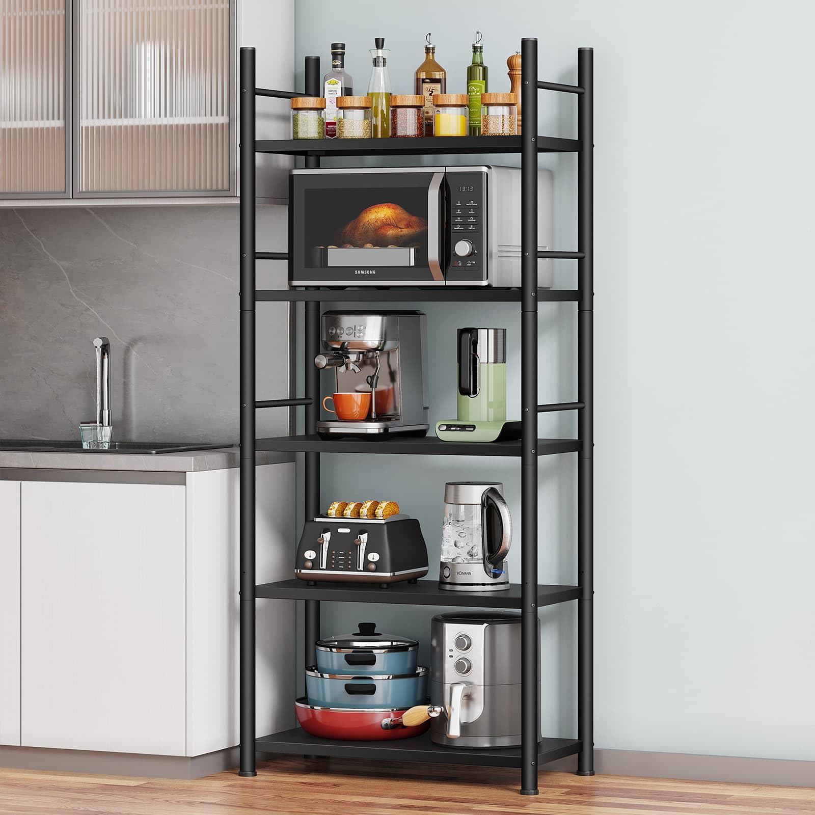Denkee 5-Tier Heavy Duty Metal Kitchen Baker's Rack with Wheels - Free Standing Storage Shelf for Microwave, Oven, Spices & Pantry Organization (23.23