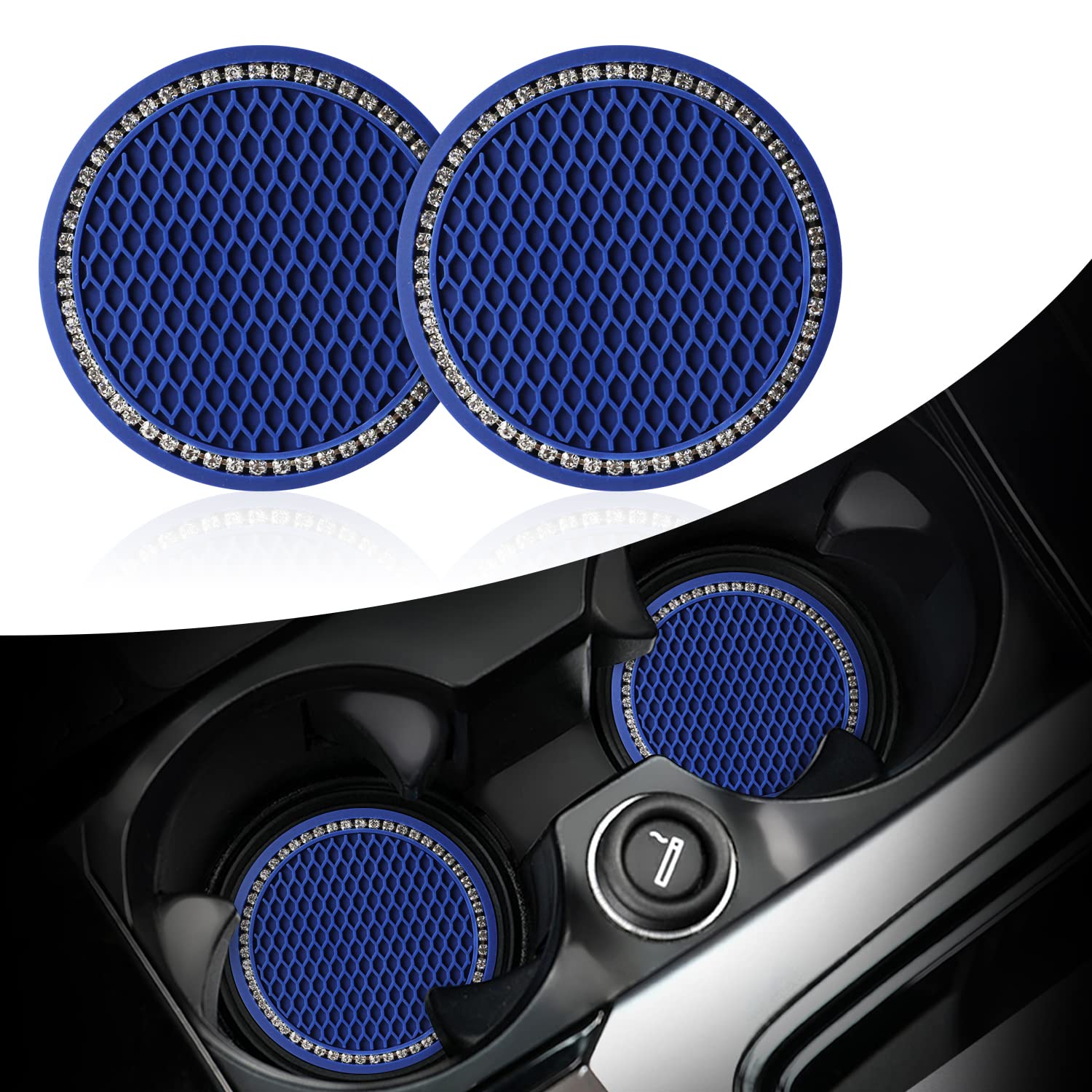 Bling Crystal Rhinestone Car Cup Holder Coaster - 2 Pack Silicone Anti-Slip Cup Mat for Cars (Blue) | Elegant Car Interior Accessory for Coffee, Drinks & Beverages | Perfect Gift for Women & Car Lovers