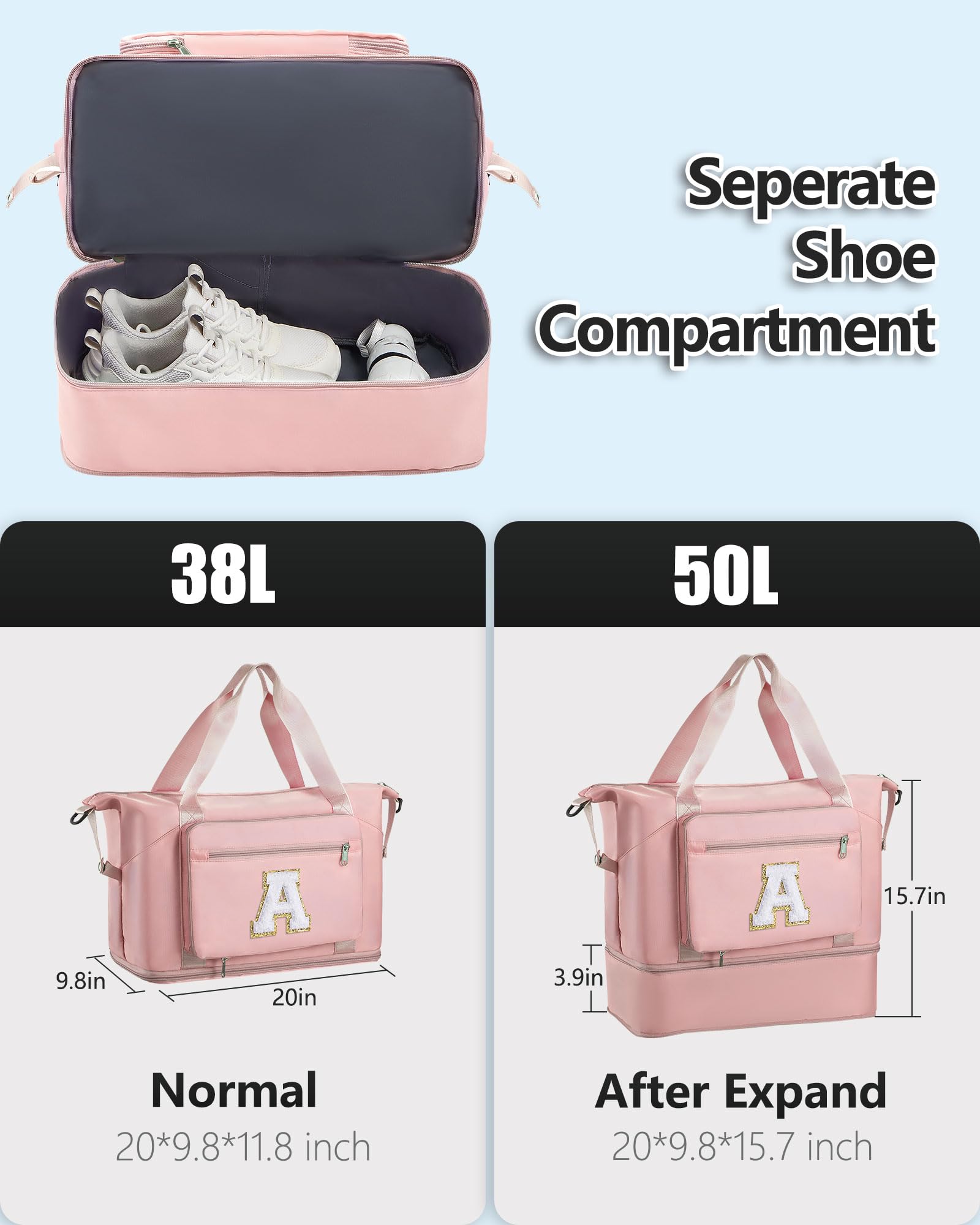 Personalized Initial Duffle Bag for Women - Pink Travel Duffel Bag with Shoe Compartment, Gym & Overnight Bag, Perfect for Weekend Getaways, Hospital Visits & Carry-On Luggage | Great Gift for Women & Girls