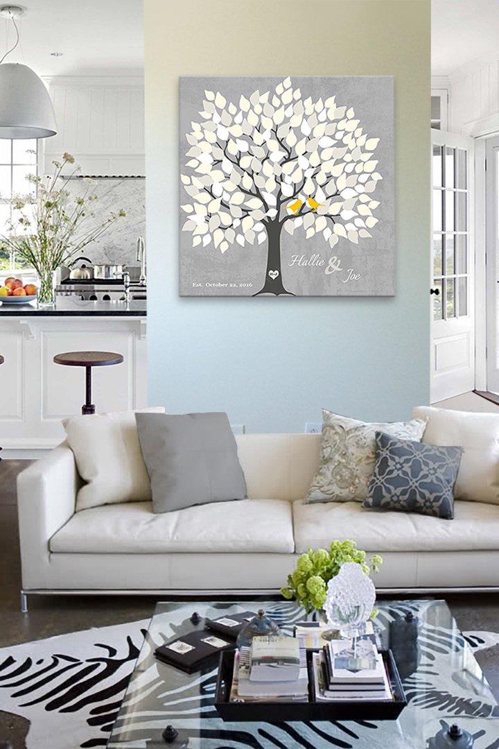 Personalized Wedding Tree Guest Book - Unique & Memorable Alternative for 100-150 Signatures - Gray Canvas Wall Decor - 30x30 Inches - Perfect Bridal Shower Gift for Wedding, Anniversary & Home Decor