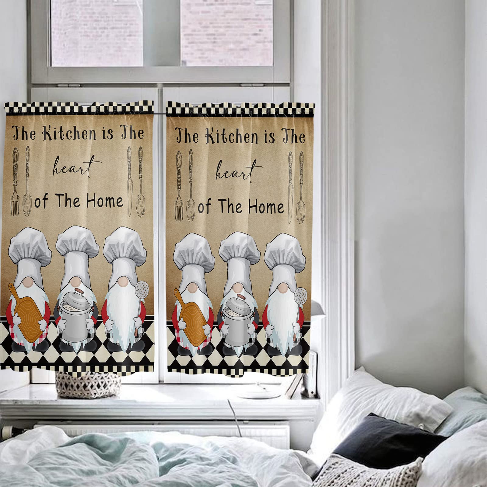 Chef Gnomes Black & White Buffalo Plaid Kitchen Curtains Set of 2 - 55