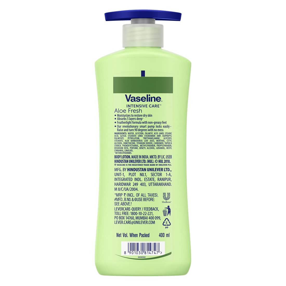 Vaseline Intensive Care Aloe Fresh Hydrating Body Lotion 400ml - Daily Moisturizer for Dry Skin, Non-Greasy Formula for Soft & Glowing Skin | Perfect for After Shower, Travel & Everyday Use