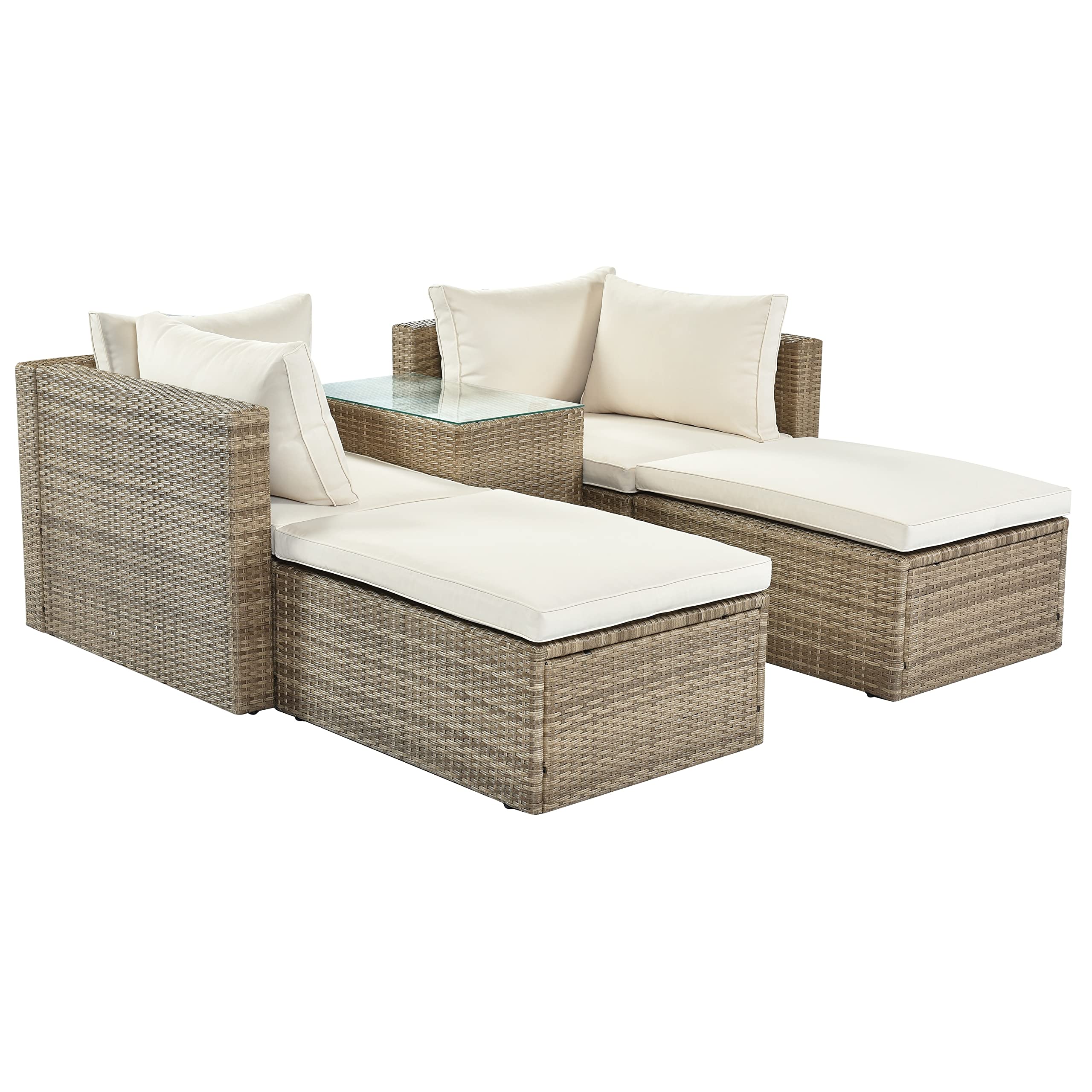 5-Piece Outdoor Patio Furniture Set - Brown & Beige Wicker Rattan Sectional Sofa with Wood Finish | Modern Contemporary Garden, Backyard & Poolside Lounge Set