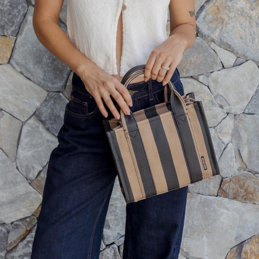Structured Tote Bag for Women - Micro Bon Vivant Designer Handbag in Black/Tan Stripe - Perfect for Work, Travel & Everyday Use