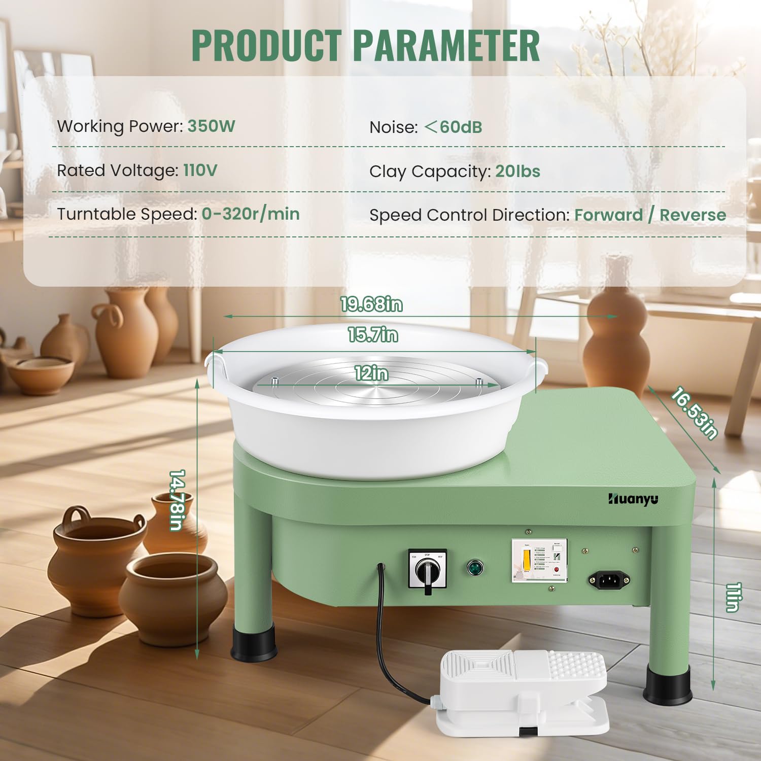 Huanyu 12-Inch Electric Pottery Wheel with Bat System & Foot Pedal - Ceramic Clay Forming Machine for DIY Sculpting, Art Projects - Perfect for Home Studios, Classroom Use & Professional Ceramic Artists
