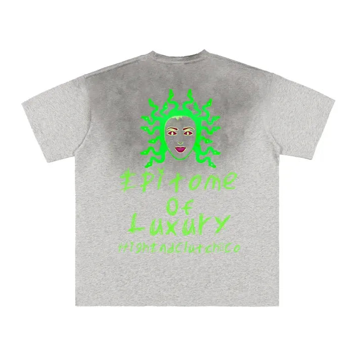 Premium Vintage Washed Medusa Graphic T-Shirt - Frayed Hem & Gradient Design (Flower Gray, 250 GSM) | Streetwear, Casual Outfits & Retro Fashion