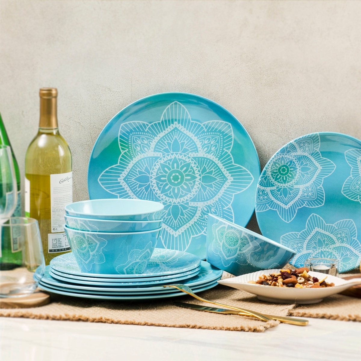 12-Piece La La Mandala Melamine Dinnerware Set - Ombre Blue Plates & Bowls for Outdoor Picnics, Parties, and Durable Everyday Use