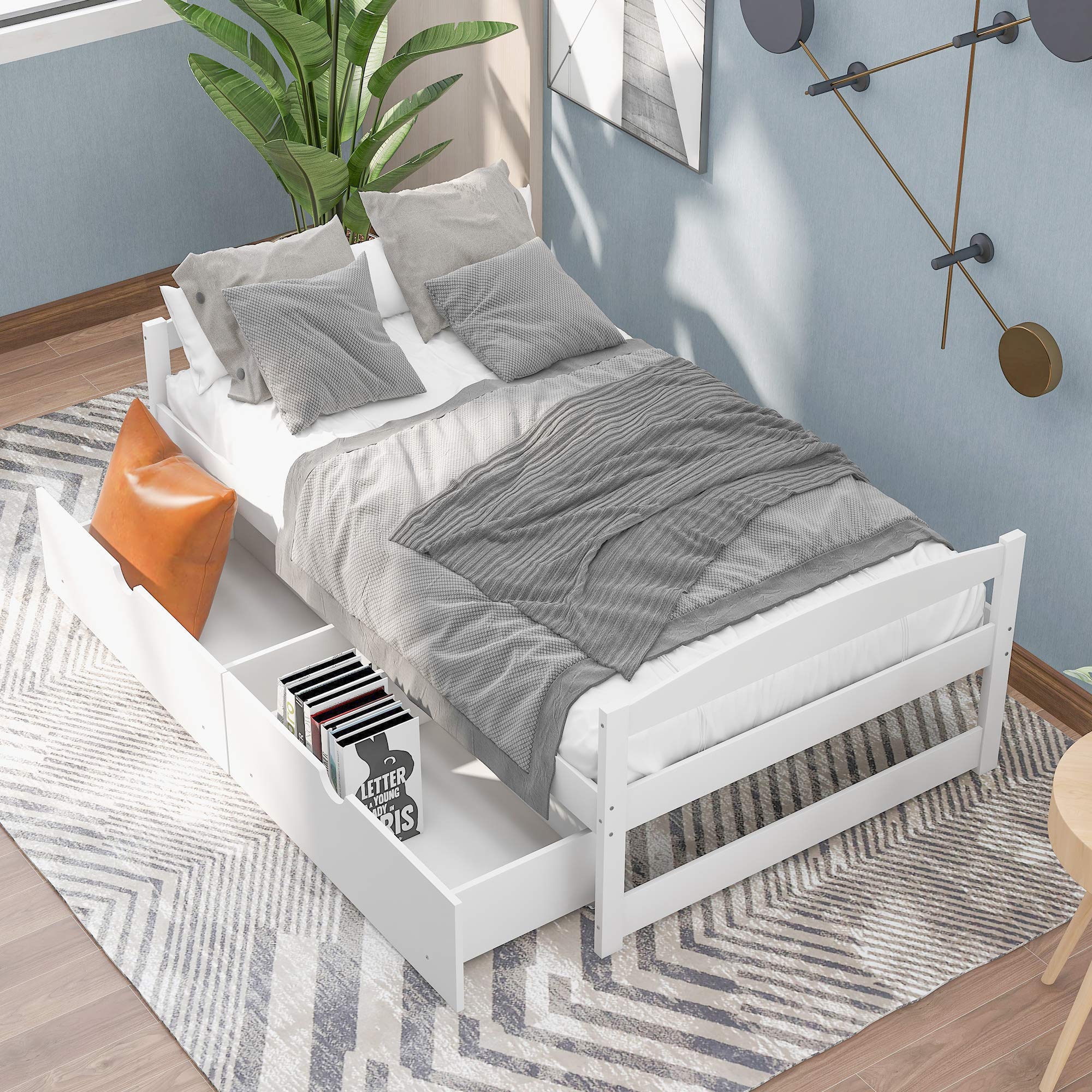Solid Wood Twin Platform Storage Bed with 2 Drawers - No Box Spring Needed - White Sofa Bed Frame for Bedroom & Guest Room | Space-Saving Solution for Small Apartments & Dorm Rooms