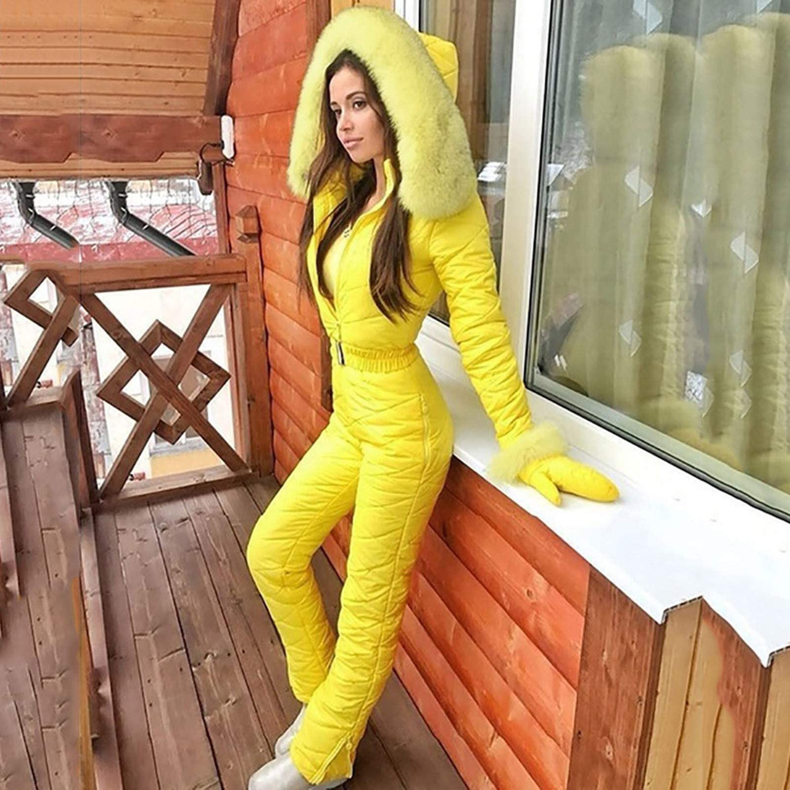 Women's Waterproof Ski Suit with Fur Collar - Winter Snow Jumpsuit for Skiing & Outdoor Sports - Slim Fit Hooded Romper for Cold Weather Adventures