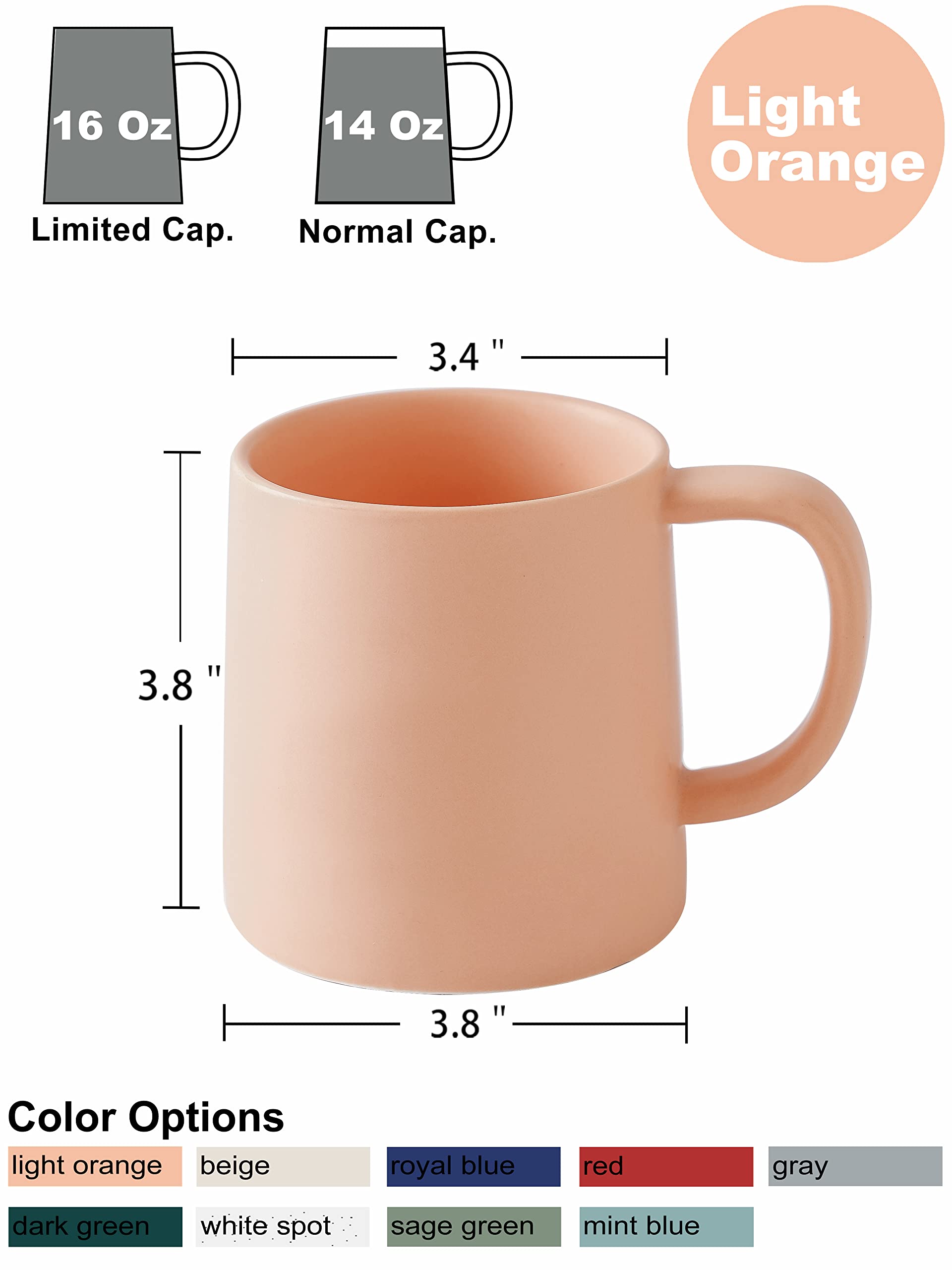 16 Oz Matte Light Orange Ceramic Coffee Mug - Single Solid Color Cup for Hot & Cold Drinks - Perfect for Home, Office, or Gifts