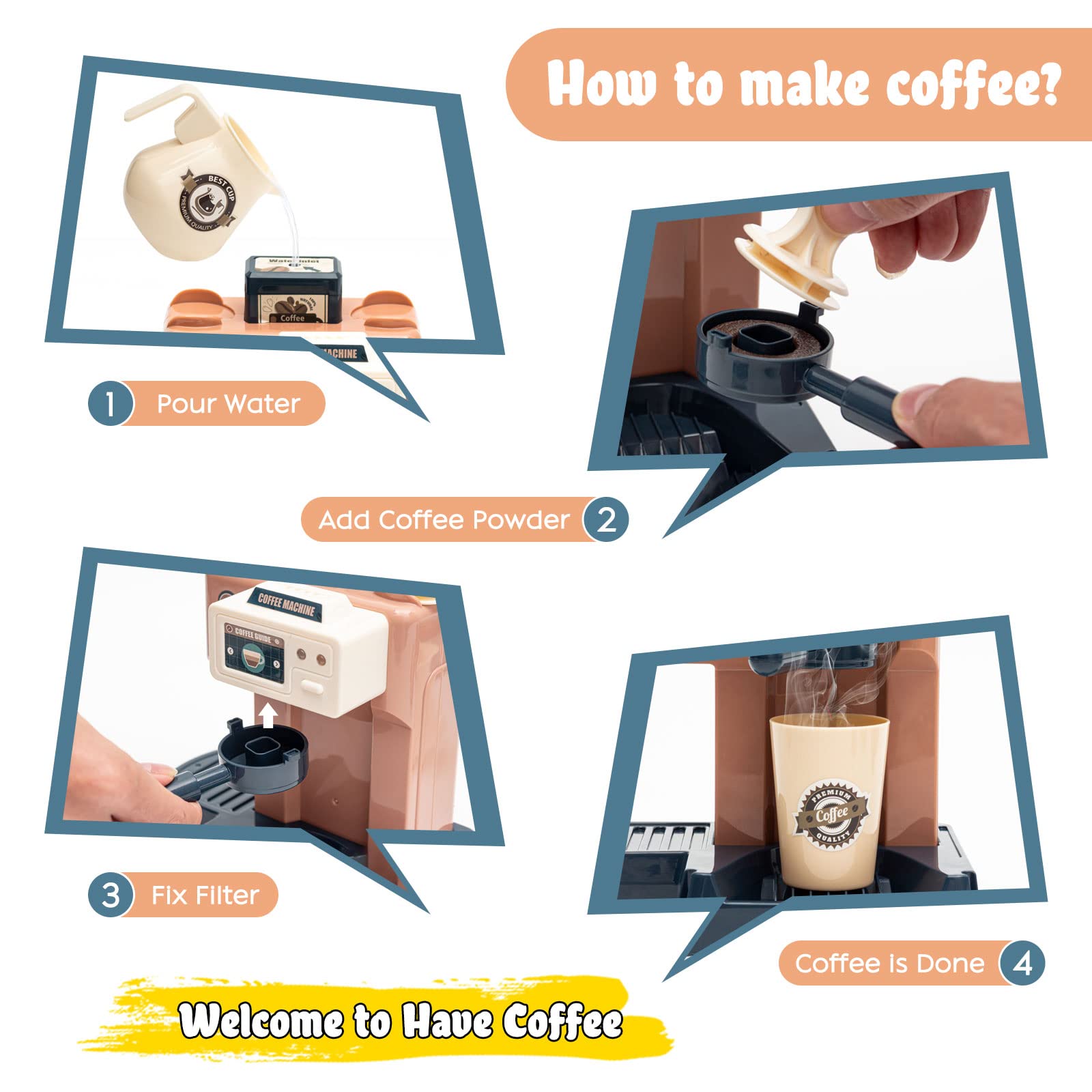Jomifin Pretend Play Coffee Shop Set for Kids - 41Pcs Classic Edition with Coffee Maker Machine & Fake Donuts - Educational Role Play Toy for Boys & Girls - Perfect for Birthday Gifts & Preschool Learning Activities