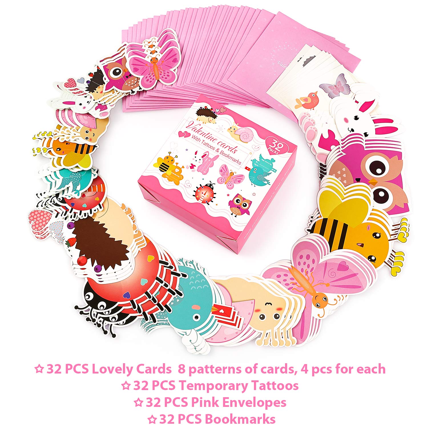 32 Pack Kids Valentine's Day Cards with Animal Bookmarks, Temporary Tattoos & Envelopes - Classroom Exchange Gifts for School Parties | Perfect for Valentine's Day Celebrations, Classroom Activities and Kids' Gift Exchanges