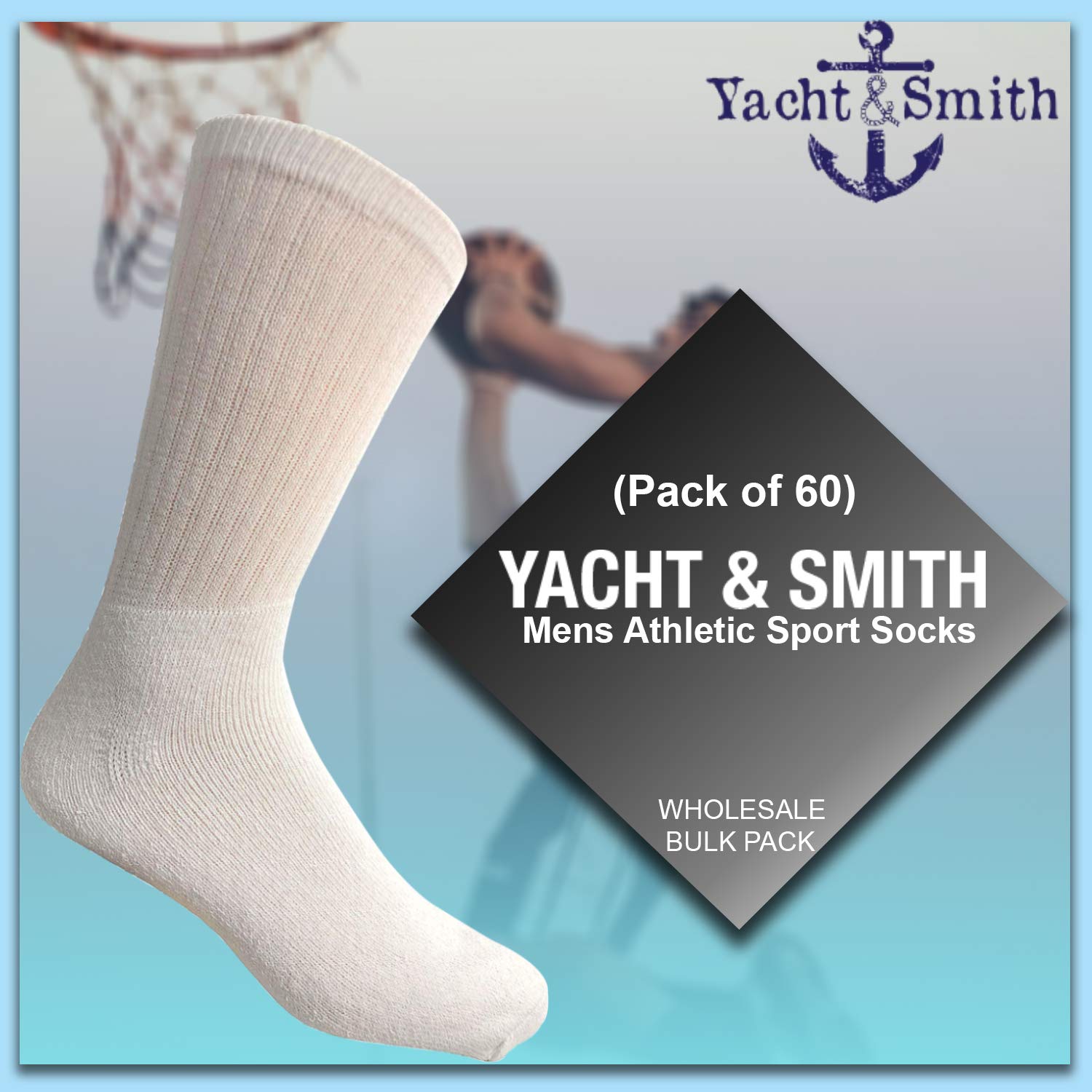 Yacht & Smith 60 Pairs Men's Cotton Athletic Socks Bulk Wholesale - Size 10-13, White - Perfect for Sports, Gym & Everyday Wear