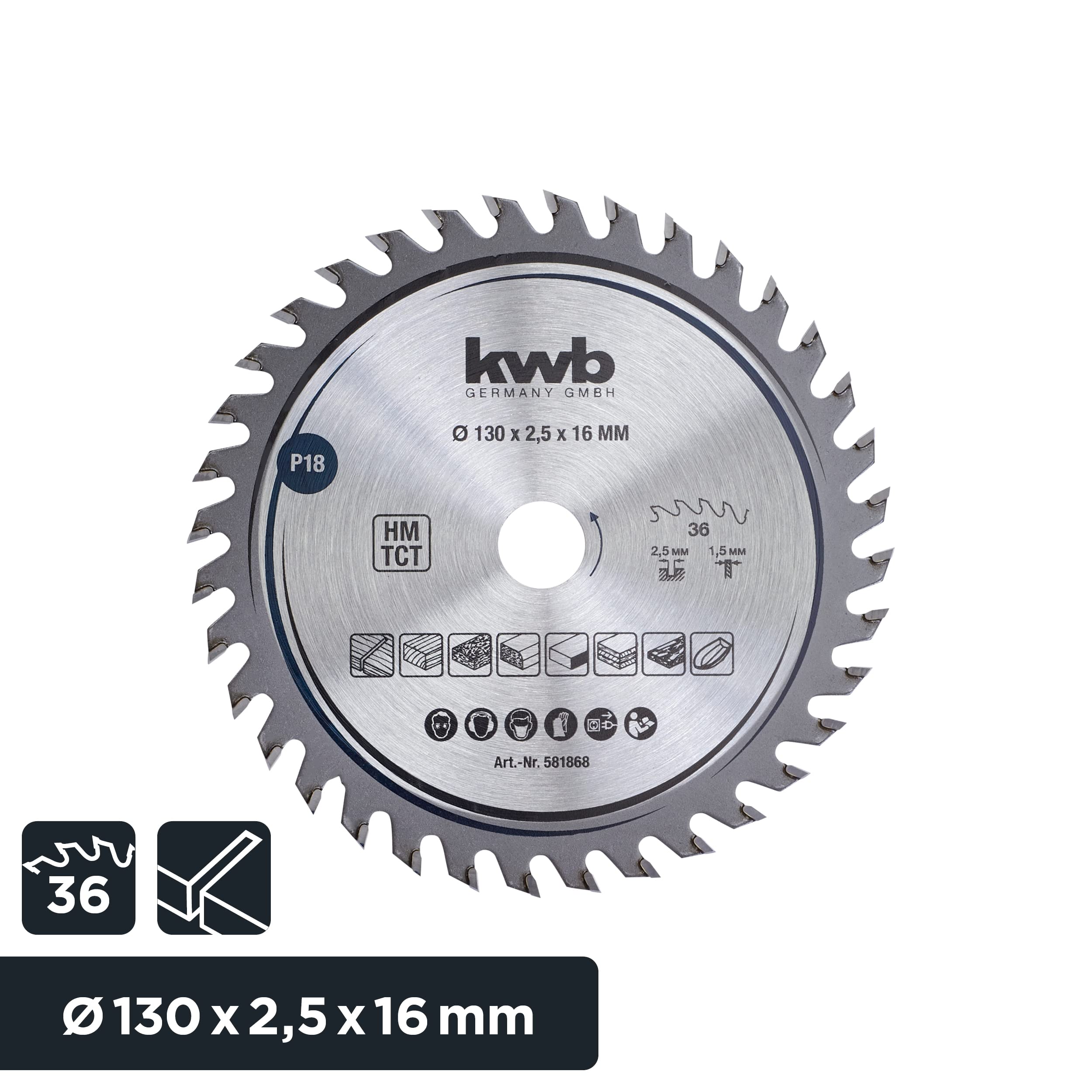 KWB 581868 130mm x 16mm 36-Tooth Fine Cut Circular Saw Blade for Wood and Hardwood - Perfect for Precision Carpentry, DIY Projects, and Professional Woodworking