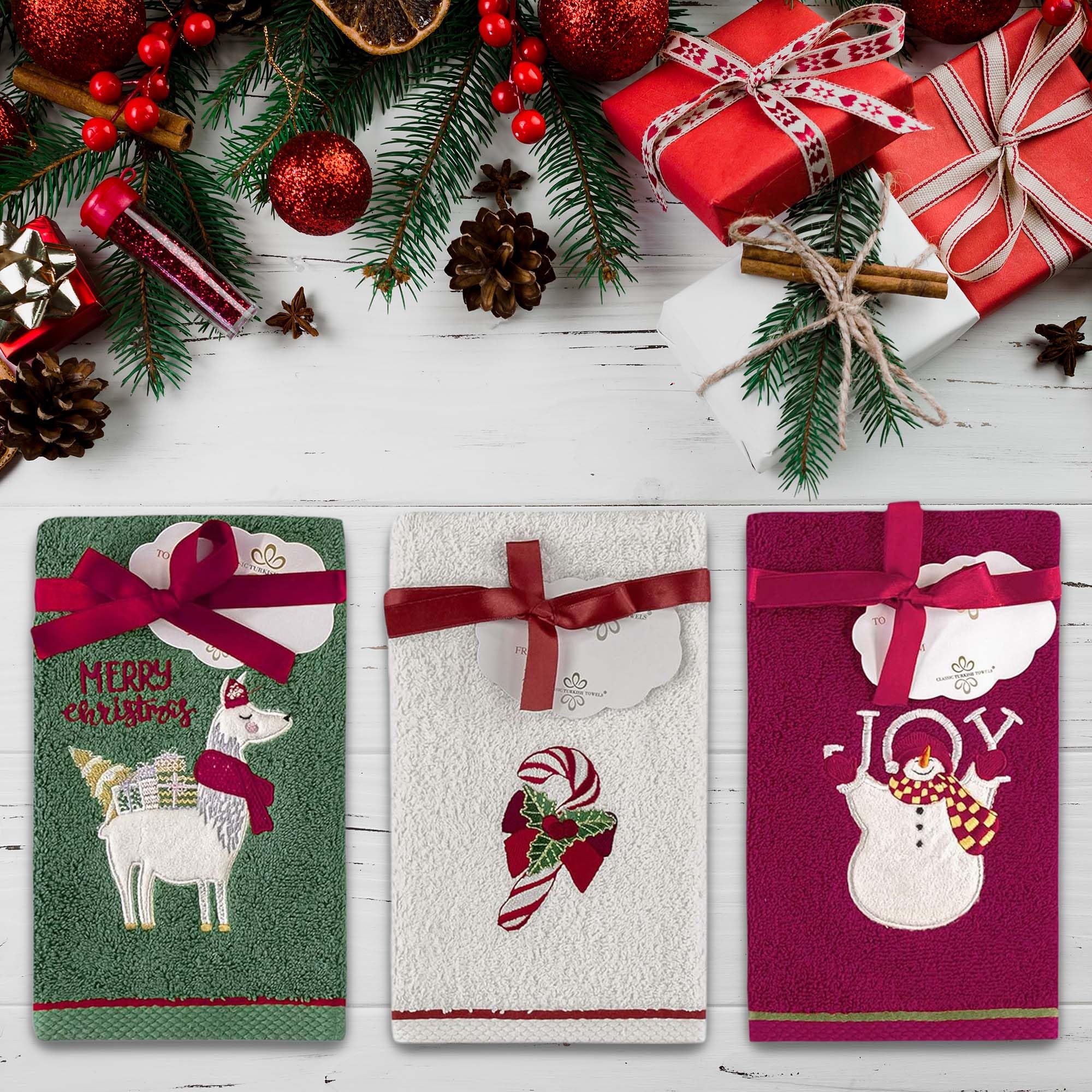 6-Piece Classic Turkish Christmas Towel Set - Embroidered Holiday Finger Hand Towels, Combed Cotton Kitchen Towels with Llama Design | Perfect for Holiday Decor, Gift Giving & Festive Kitchen Use