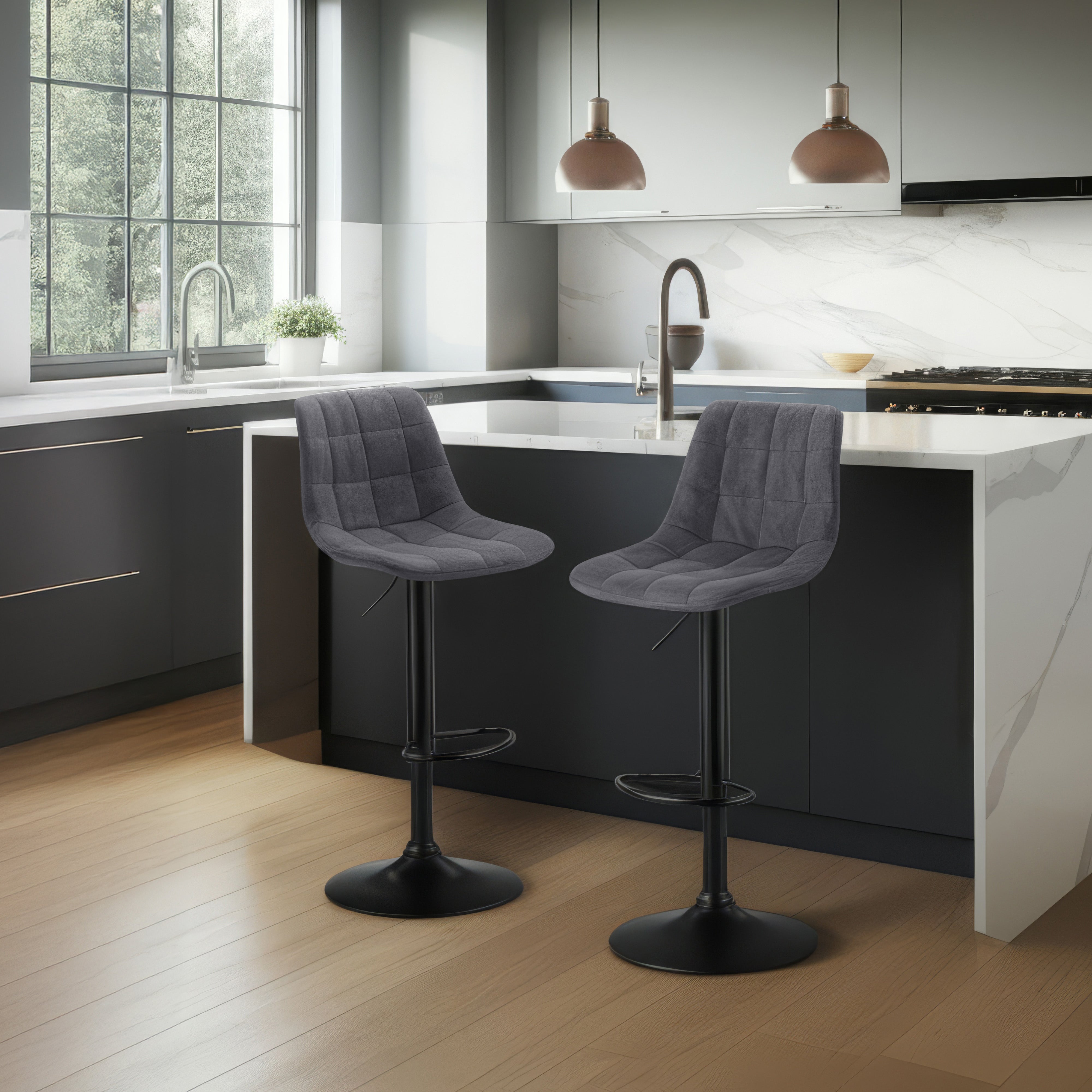 Urban Style Black Metal Grey PU Gas Lift Bar Stools - Set of 2 for Kitchen Island, Breakfast Bar & Home Pub Decor