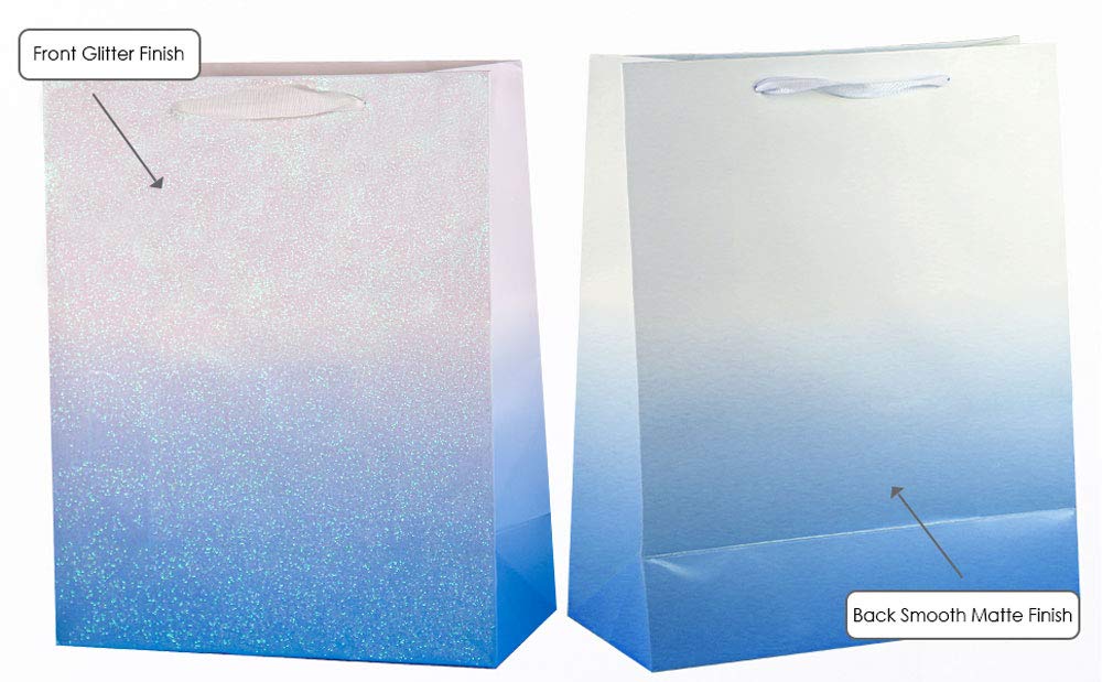 12Pcs Blue Glitter Ombre Gift Bags Bulk - 100% Recyclable Wrapping Paper Bags for Wedding, Baby Shower, Birthday Party Favors - Medium 9x7x4 inch - Perfect for Easter, Mother's Day & Thank You Gifts