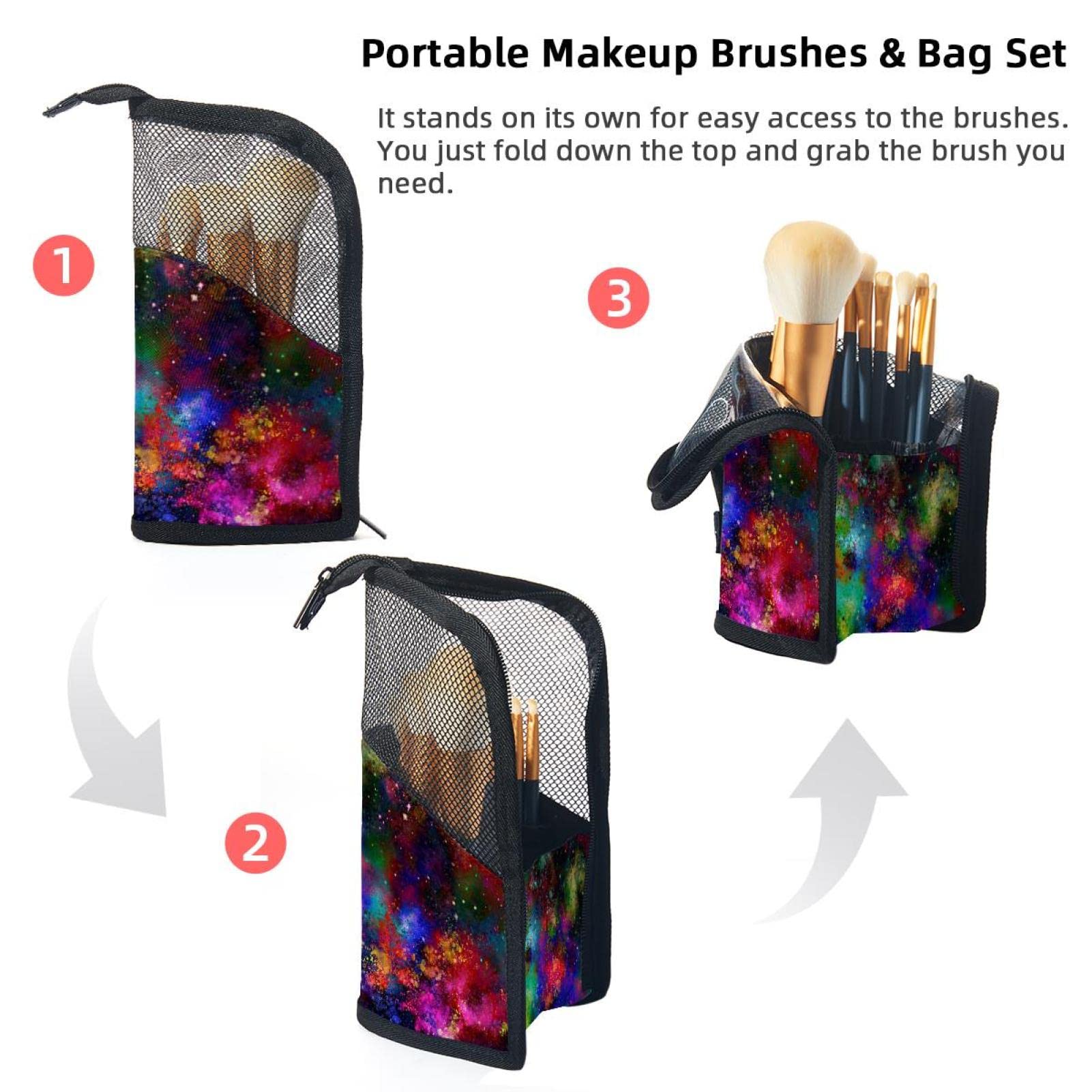 12-Piece Makeup Brush Organizer Bag with Abstract Galaxy Nebula Design - Portable Cosmetic Brush Holder Case for Travel & Home Vanity Organization