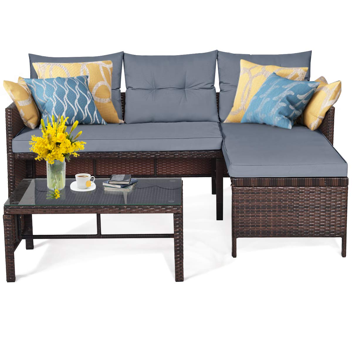 All-Weather Moccha Patio Furniture Set - 6-Piece Sectional Sofa with Lounge Chaise, Loveseat & Coffee Table - Durable Rattan Wicker Outdoor Couch with Washable Cushions - Perfect for Garden, Backyard, Poolside or Balcony (Grey)