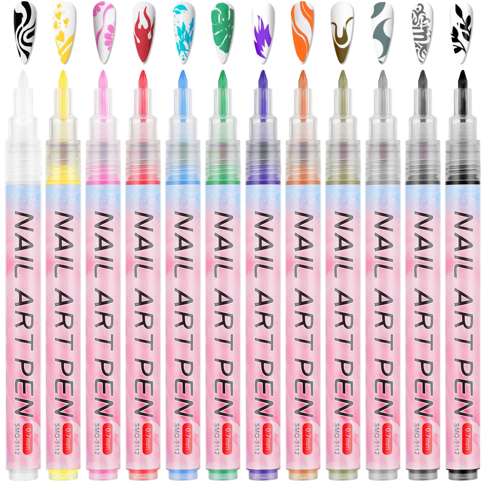 12 Colors Nail Art Drawing Pen Set - Waterproof, Quick Dry Nail Polish Pens for DIY Abstract Lines & Detail Designs (0.7mm Plastic Nib) - Perfect for Manicures, Nail Art, Salon Use & Home Beauty Care