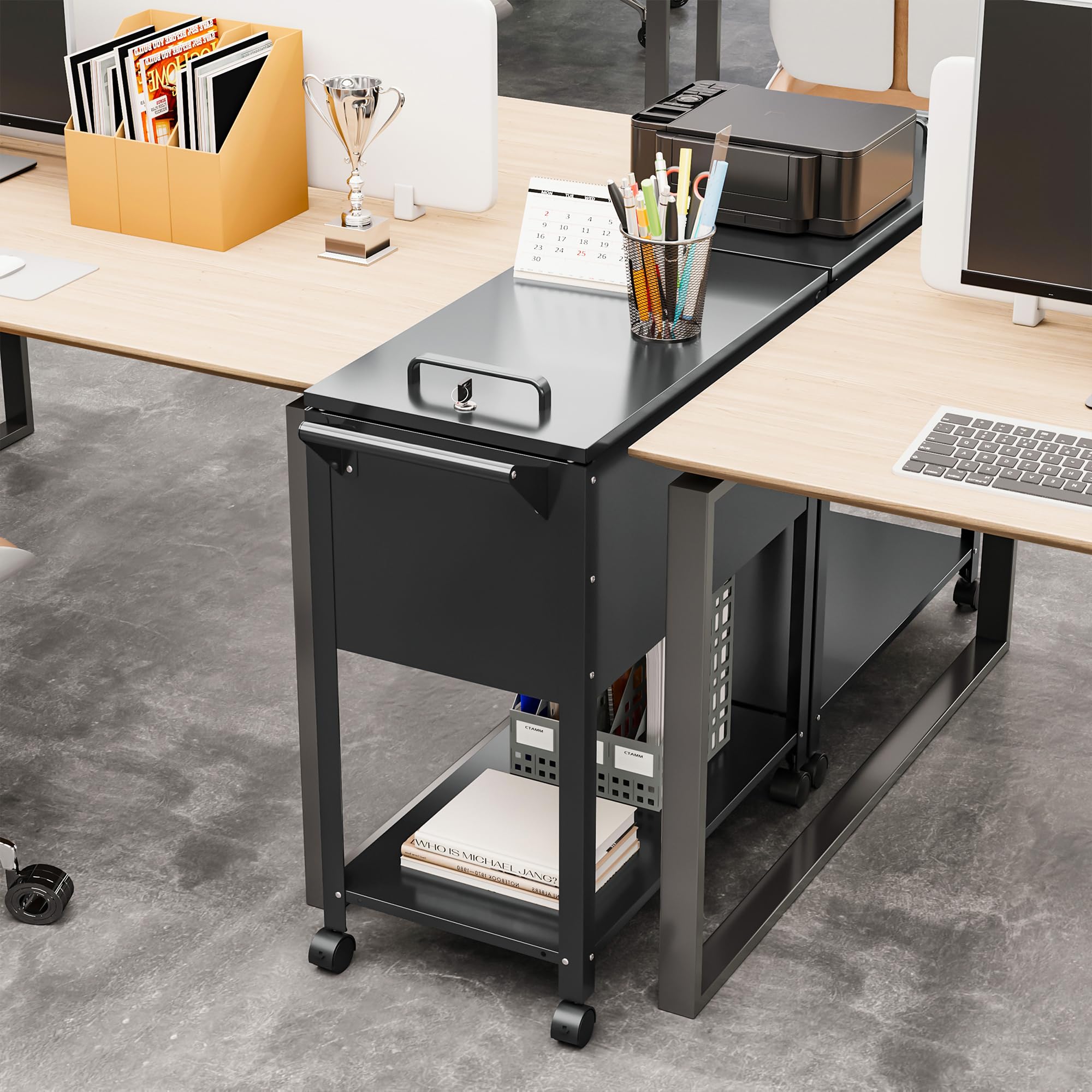 2-Tier Rolling File Cart with Wheels - Metal File Organizer with Lock & Sliding Covers for A4/Letter/Legal Size Documents - Black Office Storage Solution for Home, School or Workplace Organization
