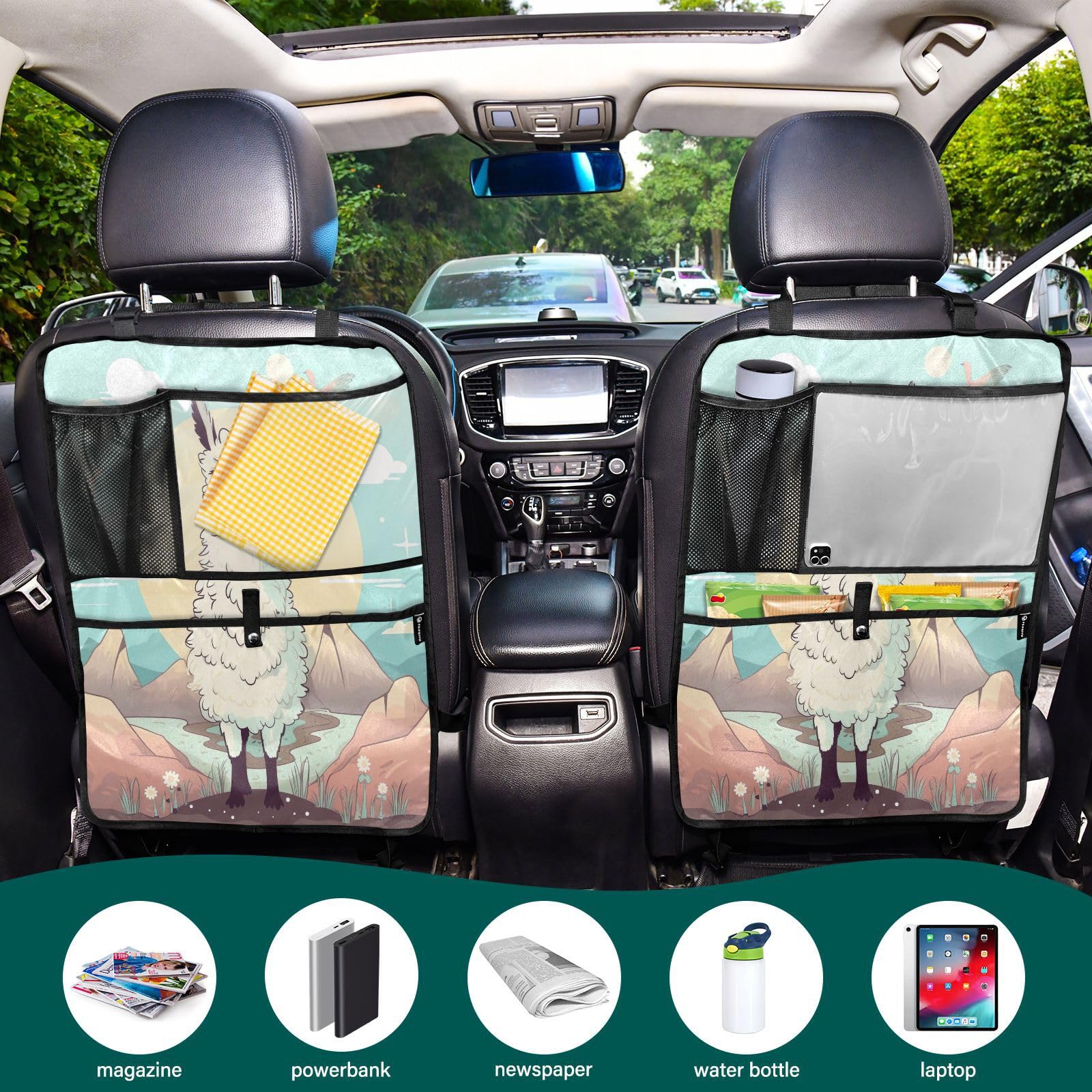 Alpacas Car Seat Protector with Storage Pockets - Waterproof Back Seat Cover & Kick Mats for Cars, SUVs, Trucks - Perfect for Kids, Pets & Travel Organization
