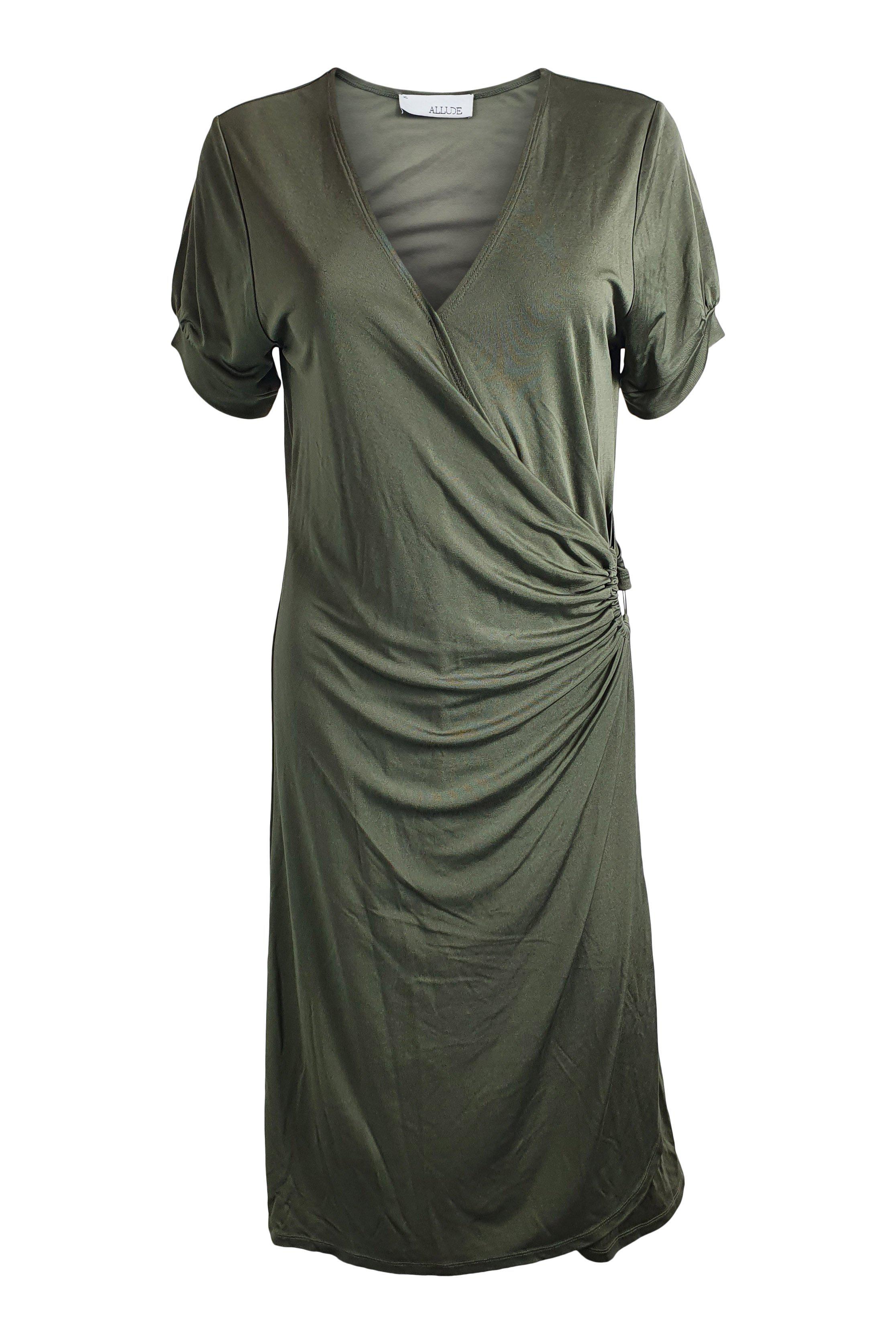 ALLUDE 100% Silk Jersey Khaki Green Gathered Midi Dress for Women - Size XL | Elegant Casual & Party Wear | Perfect for Office, Date Night & Special Occasions