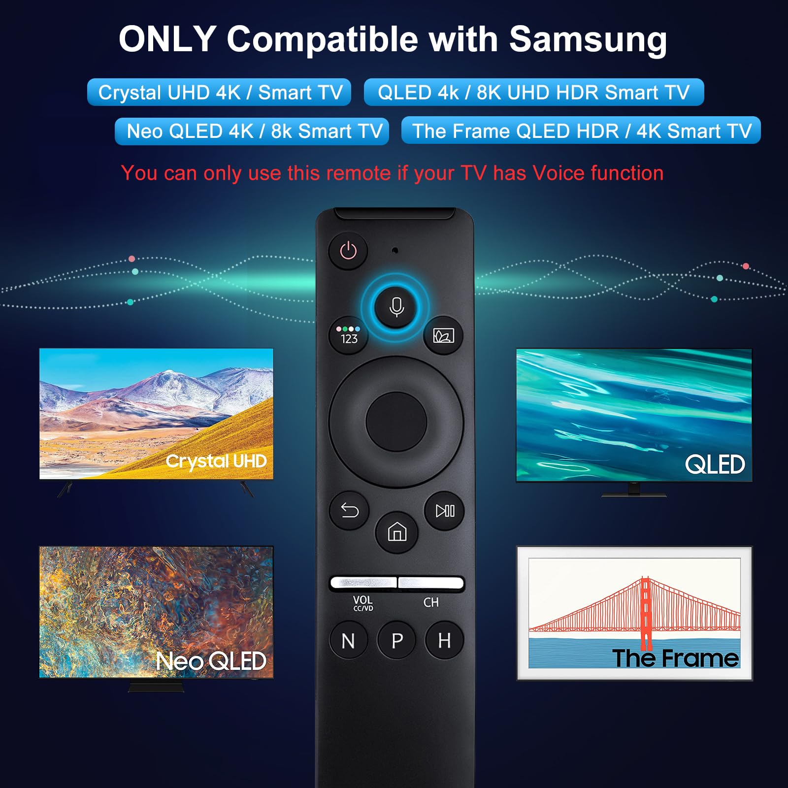 Samsung Smart TV Voice Remote Replacement - Compatible with Samsung Crystal UHD QLED Curved 4K 8K Smart TVs (2020-2021 Models) | Easy Setup for Streaming & Smart Home Control