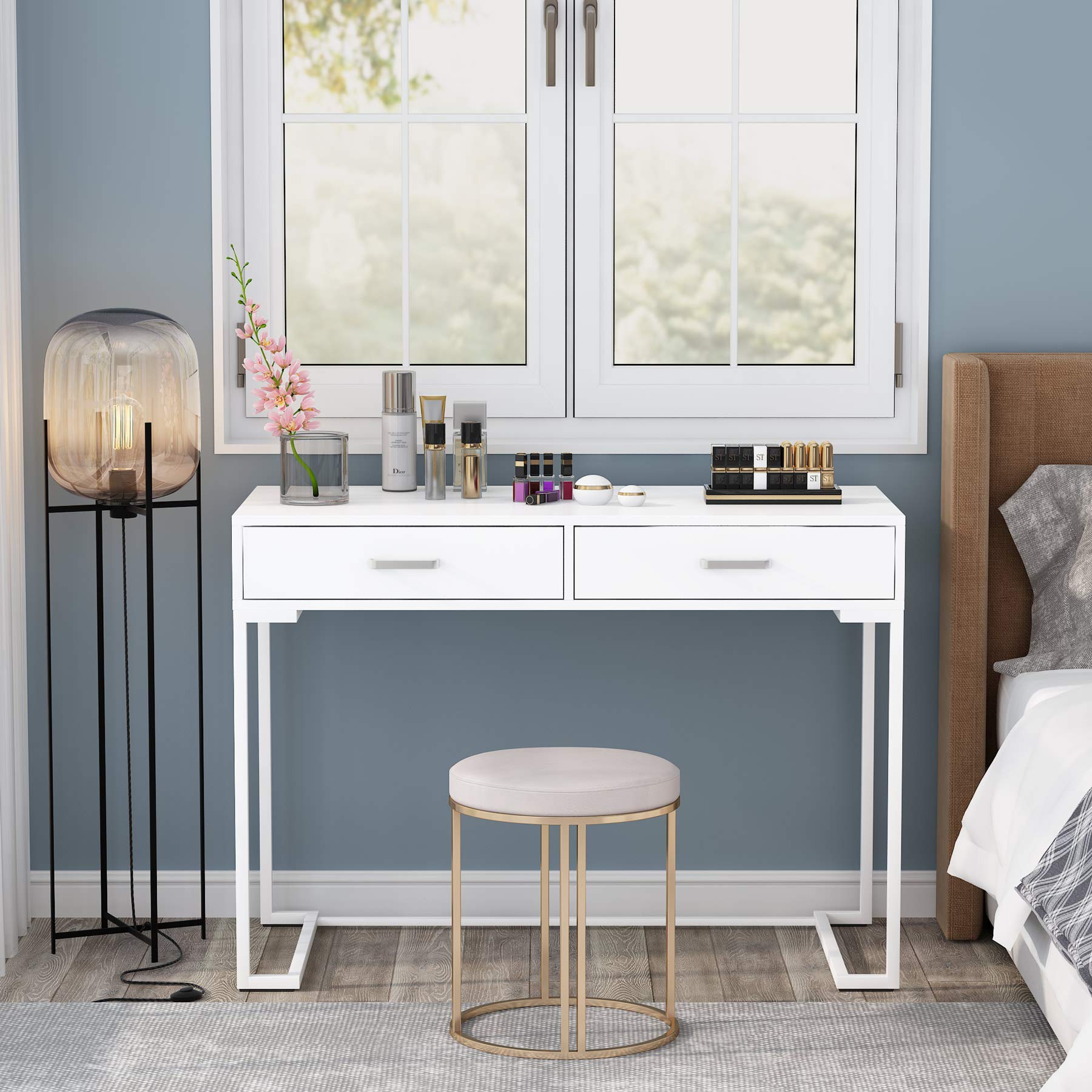Tribesigns 40 Inch White Computer Desk with 2 Drawers - Modern Simple Study Desk & Makeup Vanity Table for Small Spaces - Perfect for Home Office, Bedroom, Dorm Room & Workspace Organization