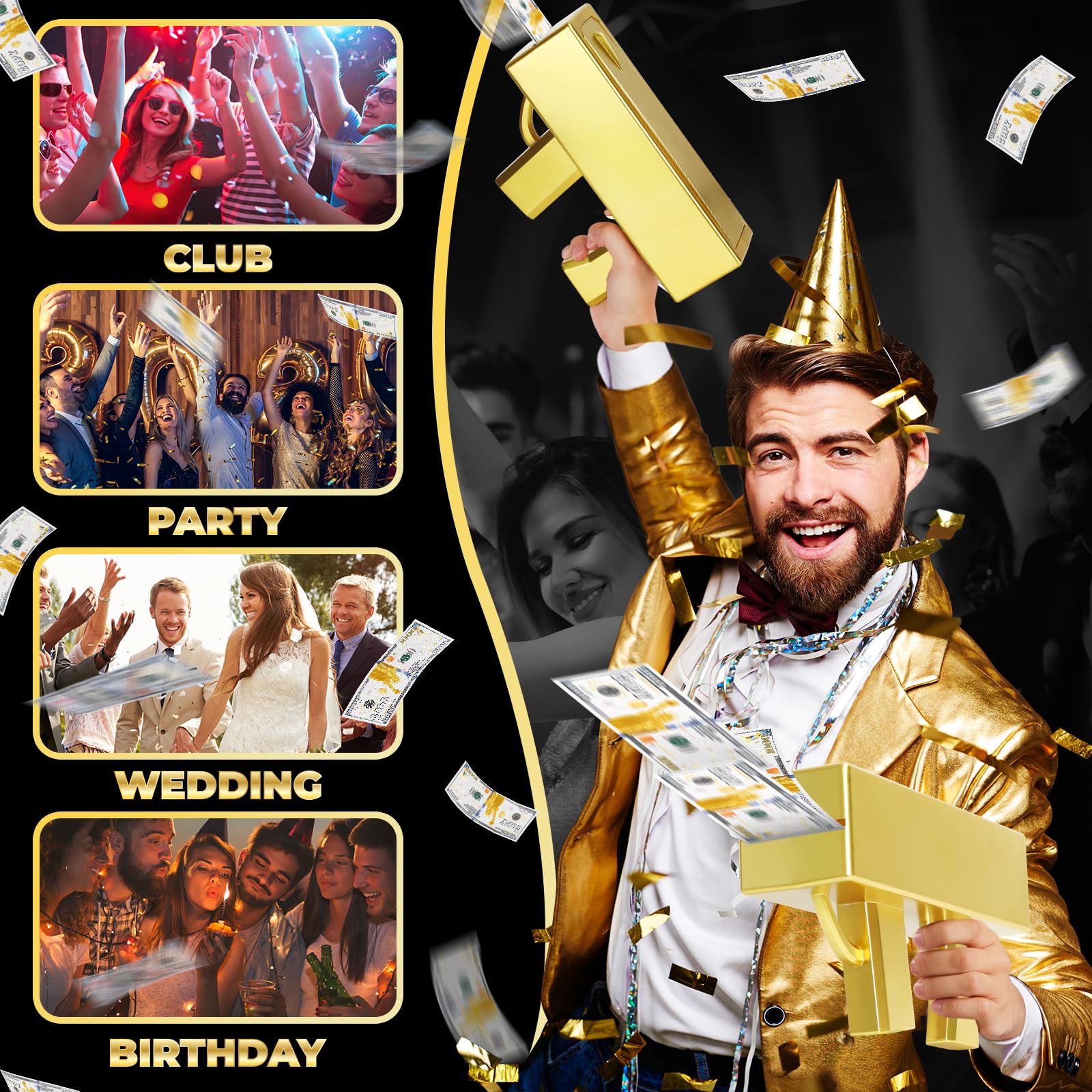 Gold Money Gun Shooter Toy with 201 PCS Props & 4 AA Batteries - Non-Functional Money Thrower Gun for Pretend Play, Party Supplies & Photo Props | Perfect for Birthday Parties, Bachelorette Events & TikTok Videos