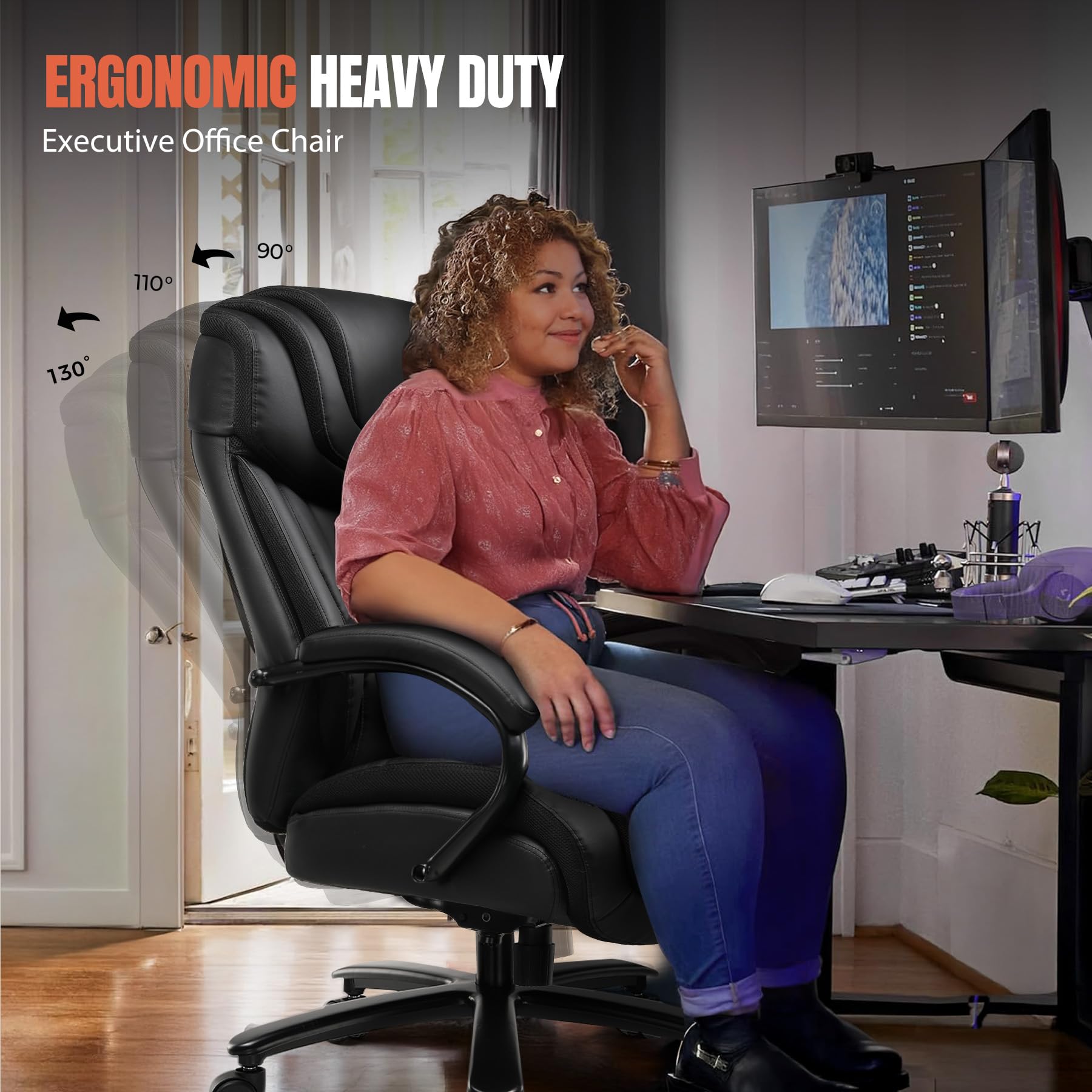 COMHOMA Big and Tall Office Chair 650lbs Capacity - Ergonomic Computer Desk Chair with Adjustable Headrest, 6-Way Rocking & Swivel - High Back Executive Leather Chair with Thickened Armrests - Perfect for Home Office, Gaming, and Long Work Sessions