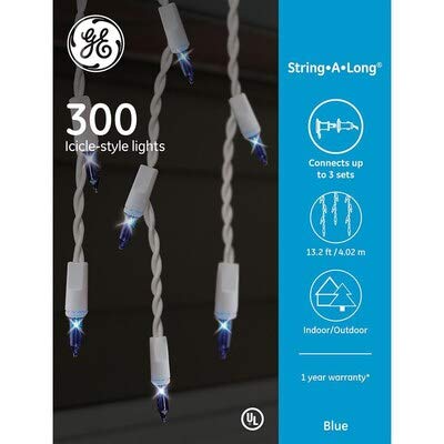 GE String-A-Long 300-Count Constant Blue Mini Incandescent Plug-in Christmas Icicle Lights - Outdoor/Indoor Holiday Decorations for Roof, Eaves, Trees and Windows
