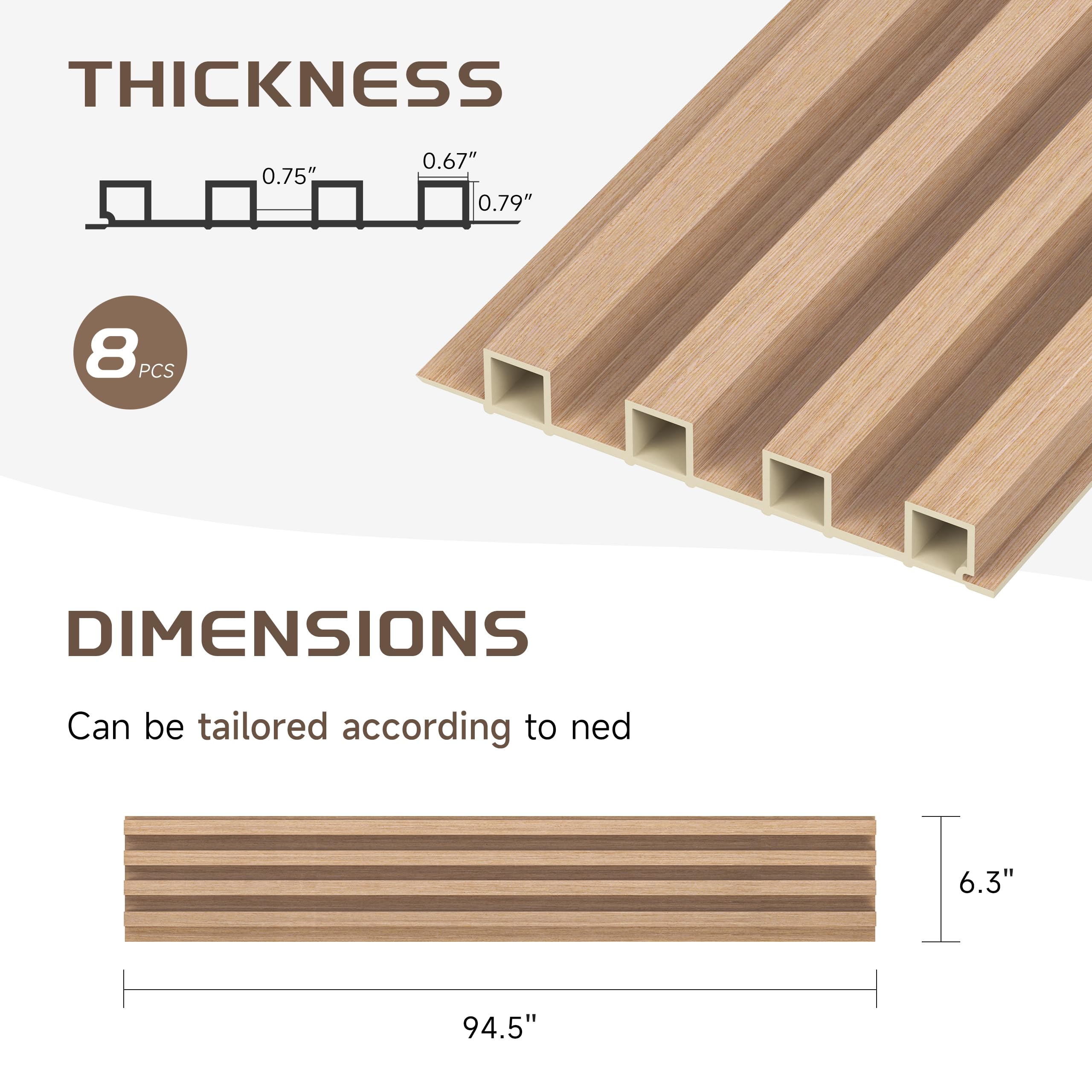 Premium WPC Slat Wall Panels - 8 Pack Modern Wood Slats for Walls & Ceilings | Acoustic Soundproof Panels | Interior Décor in Oak Finish (95