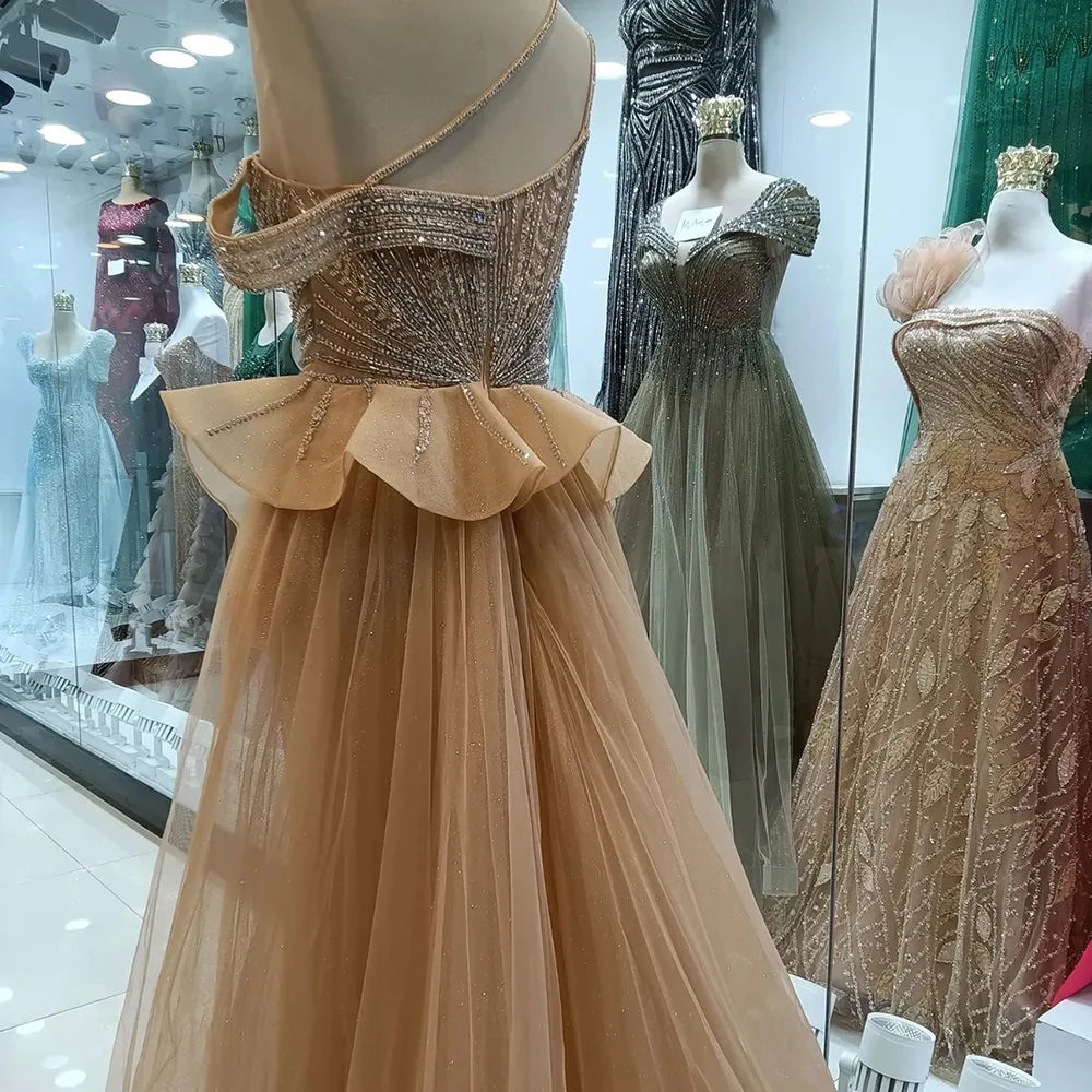 Luxury Dubai Caramel Beaded Mermaid Evening Gown with Overskirt & Elegant Split - Formal Dresses for Women - Perfect for Weddings, Galas & Red Carpet Events