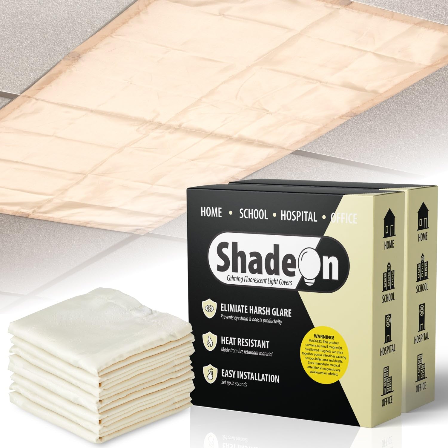 ShadeOn 2x4 ft Magnetic Fluorescent Light Covers for Ceiling Lights (8-Pack) - Calm White Office & Classroom Lighting Solution - Reduce Glare & Eye Strain for Better Focus & Productivity
