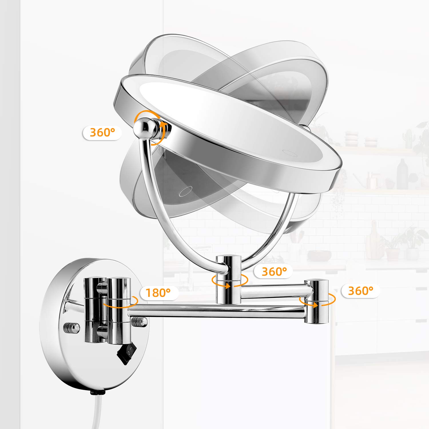 5X Magnifying LED Wall Mounted Makeup Mirror - Dimmable Touch Screen Bathroom Mirror with Switch & Plug-in Power - Perfect for Vanity, Dressing Room & Bathroom Lighting