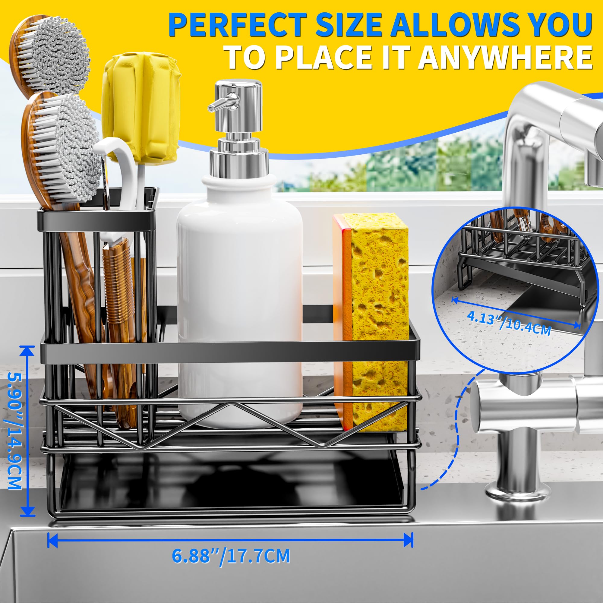 Stainless Steel Kitchen Sink Organizer with Sponge & Brush Holder - Rustproof 304 Sink Caddy for Sponges, Soap & Cleaning Tools | Compact Black Sink Accessory for Organized Kitchen Countertop & Dishwashing Area