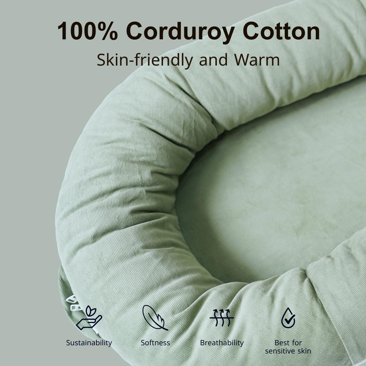 Premium Baby Lounger & Infant Nest Cover - 100% Cotton Portable Bassinet for Newborns 0-12 Months | Breathable & Cozy Sleeping Bed for Boys & Girls | Perfect for Nursery, Travel & On-the-Go Parents (Corduroy Cotton, Sage Green)