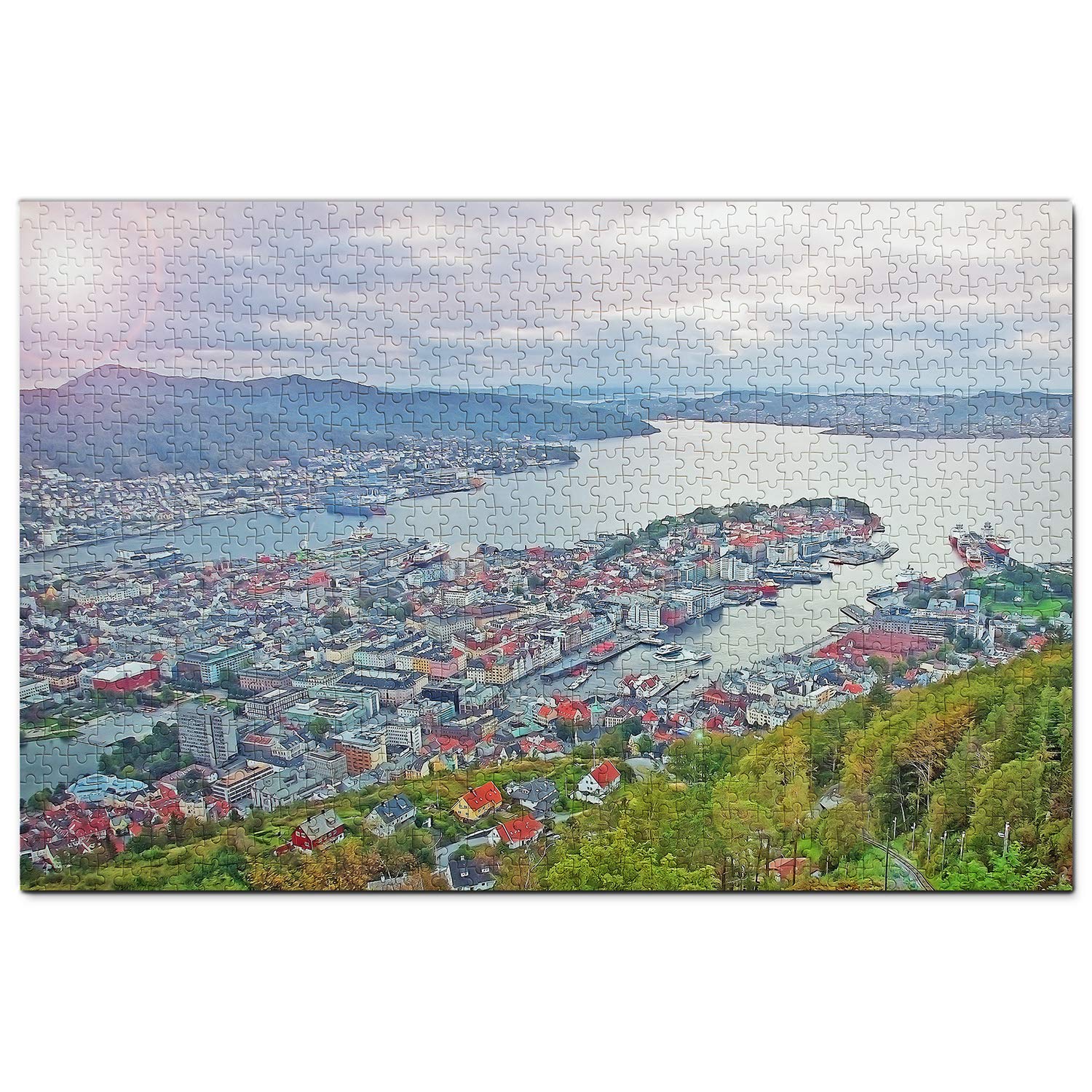 1000 Piece Norway Bergen Landscape Jigsaw Puzzle - Wooden Travel Souvenir & Home Decor for Adults, Perfect for Relaxation, Family Game Night and Scandinavian Themed Room Decor