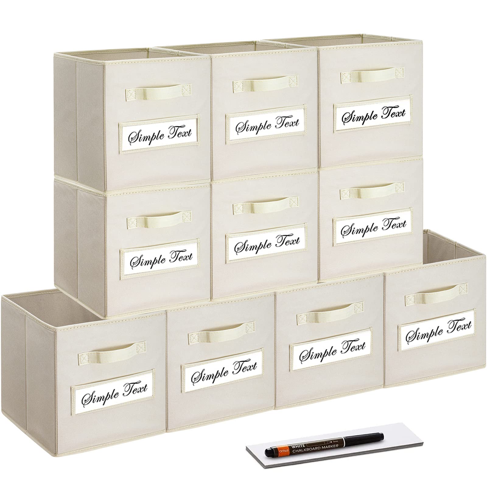 11 Inch Foldable Fabric Storage Cubes (Set of 10) - Beige Closet Organizer Bins with Labels & Pen - Perfect for Shelves, Closets, Kids Room & Office Organization