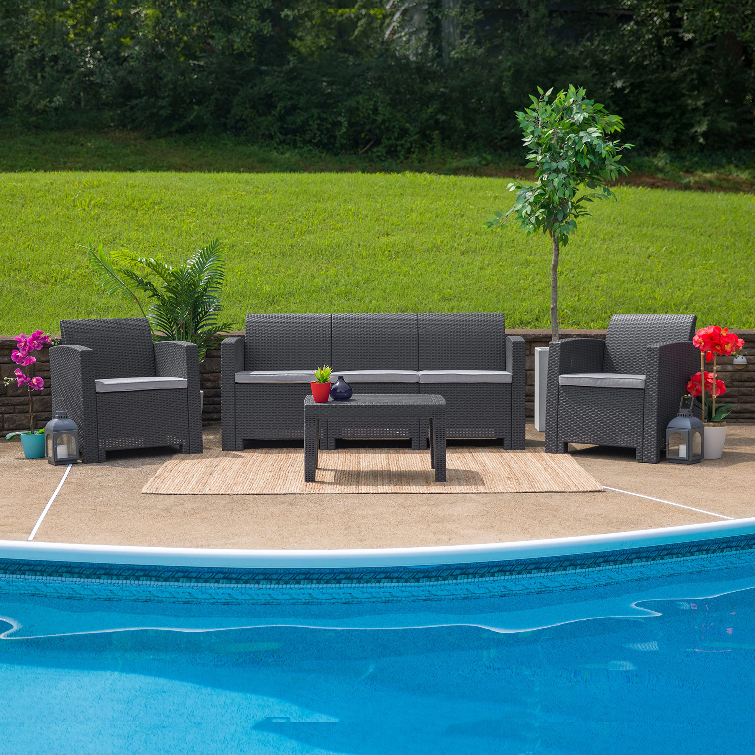 EMMA & OLIVER Dark Gray Faux Rattan Coffee Table - Modern Indoor Outdoor Patio Furniture for Living Room, Garden, Balcony Decor