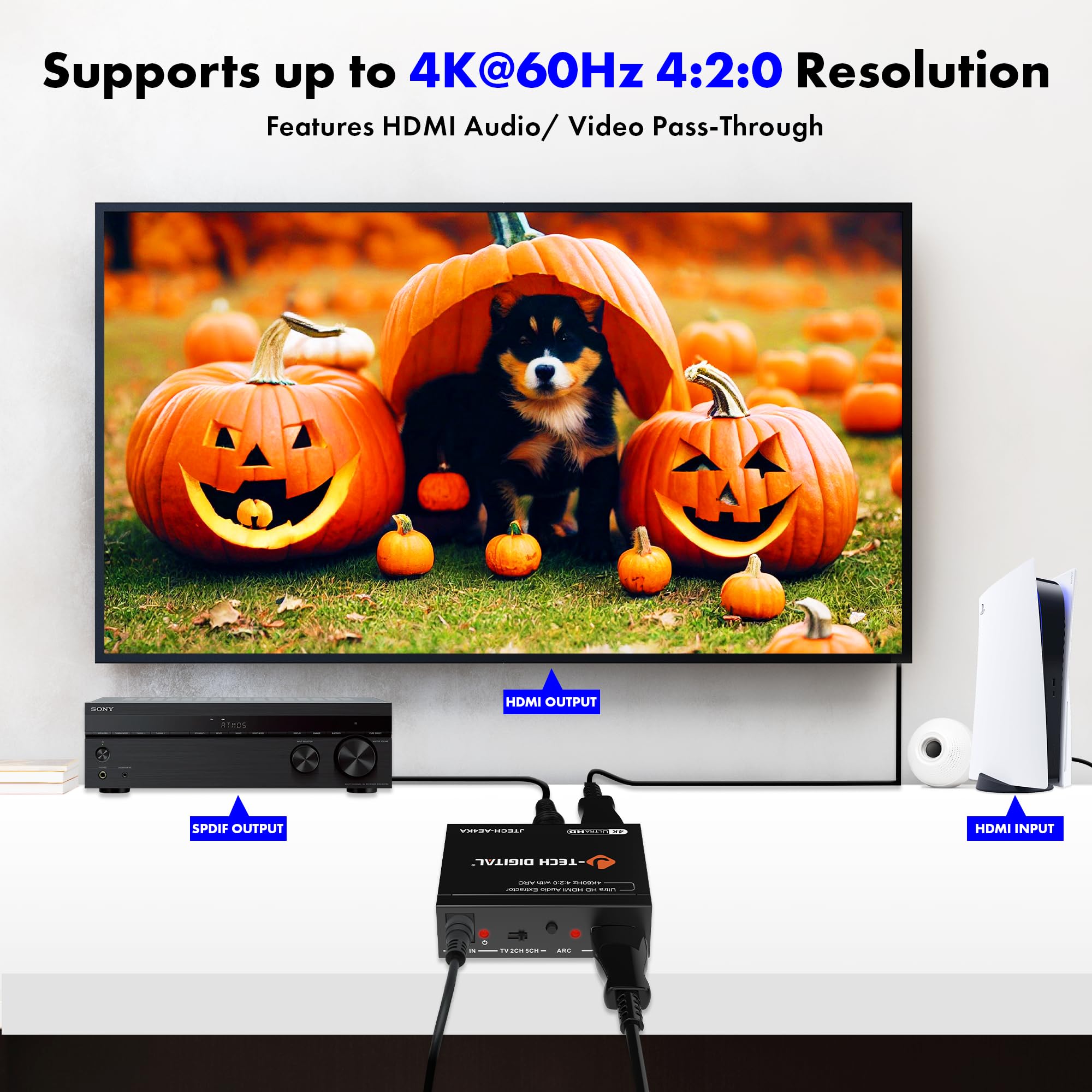 J-Tech Digital HDMI Audio Extractor 4K 60Hz with ARC Support | HDMI to RCA/Optical Converter | Dolby Digital DTS Stereo Audio | Compatible with Laptop, Blu-Ray, PS5, Xbox, Nintendo Switch | Perfect for Home Theater & Gaming Setup (JTECH-AE4KA)