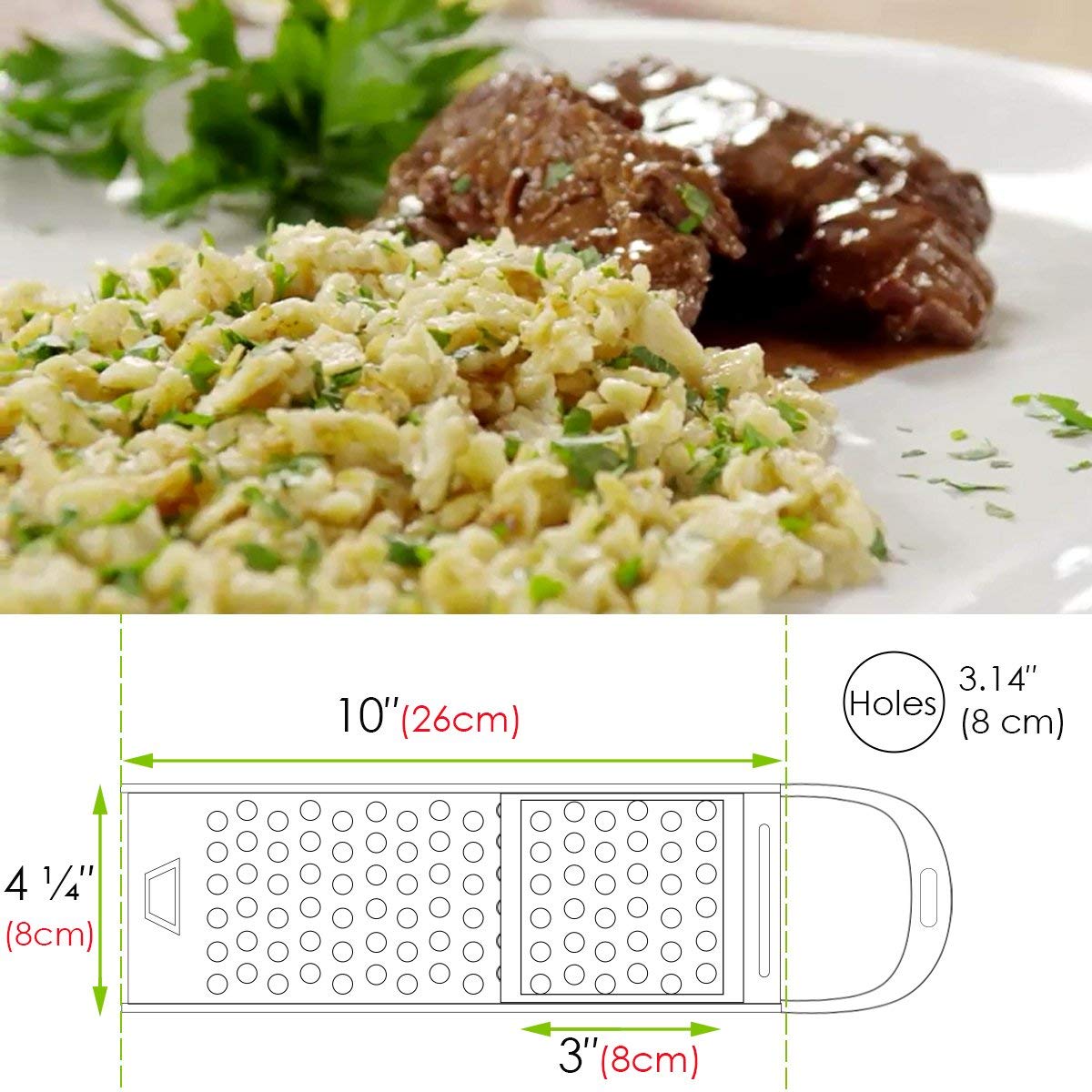 Premium Stainless Steel Spaetzle Maker - German Noodle & Dumpling Press with Safety Pusher - Perfect for Homemade Spaetzle, Pasta & Asian Dumplings
