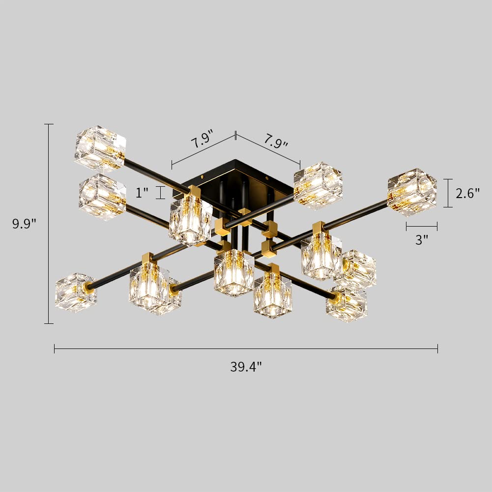 13-Light Modern Crystal Sputnik Chandelier - Black & Gold Ceiling Light Fixture for Dining Room, Entryway, Bedroom - Elegant Lighting for Home Decor, Wedding Venues, and Luxury Spaces