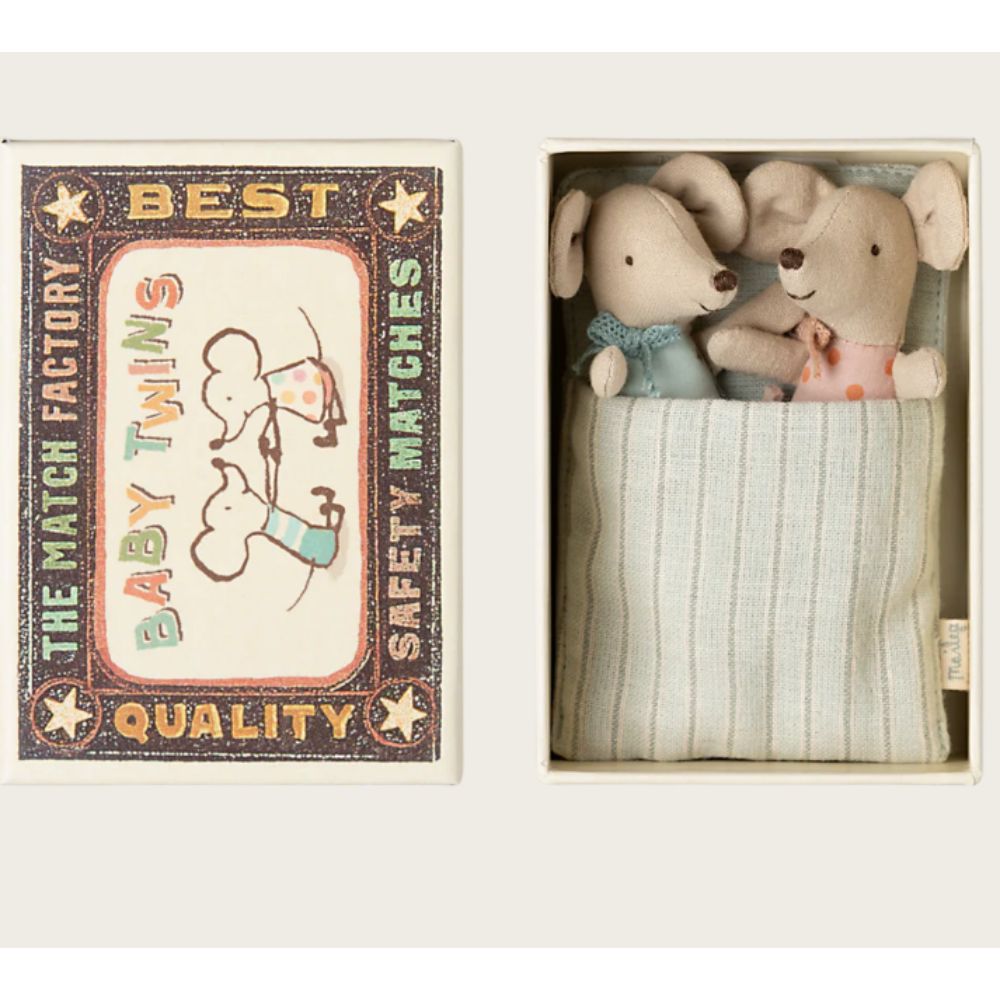 Maileg Twin Baby Mice in Matchbox - Adorable Miniature Toy Mice for Kids' Pretend Play & Dollhouse Decor | Perfect Gift for Collectors & Children's Imaginative Play